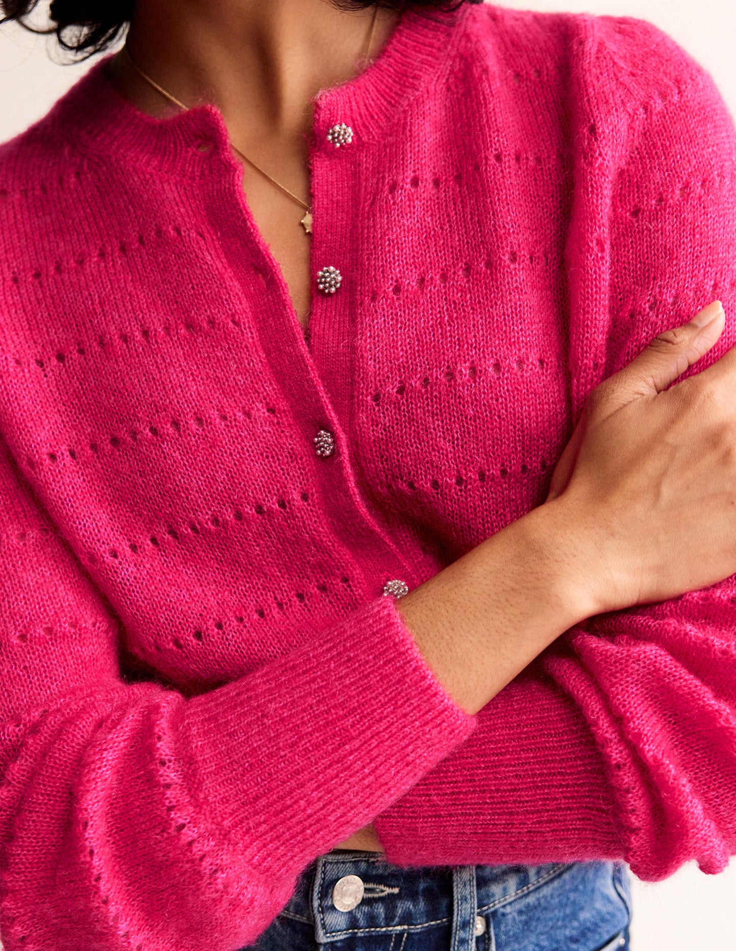 Flauschige, texturierte Strickjacke-Kräftiges Rosa