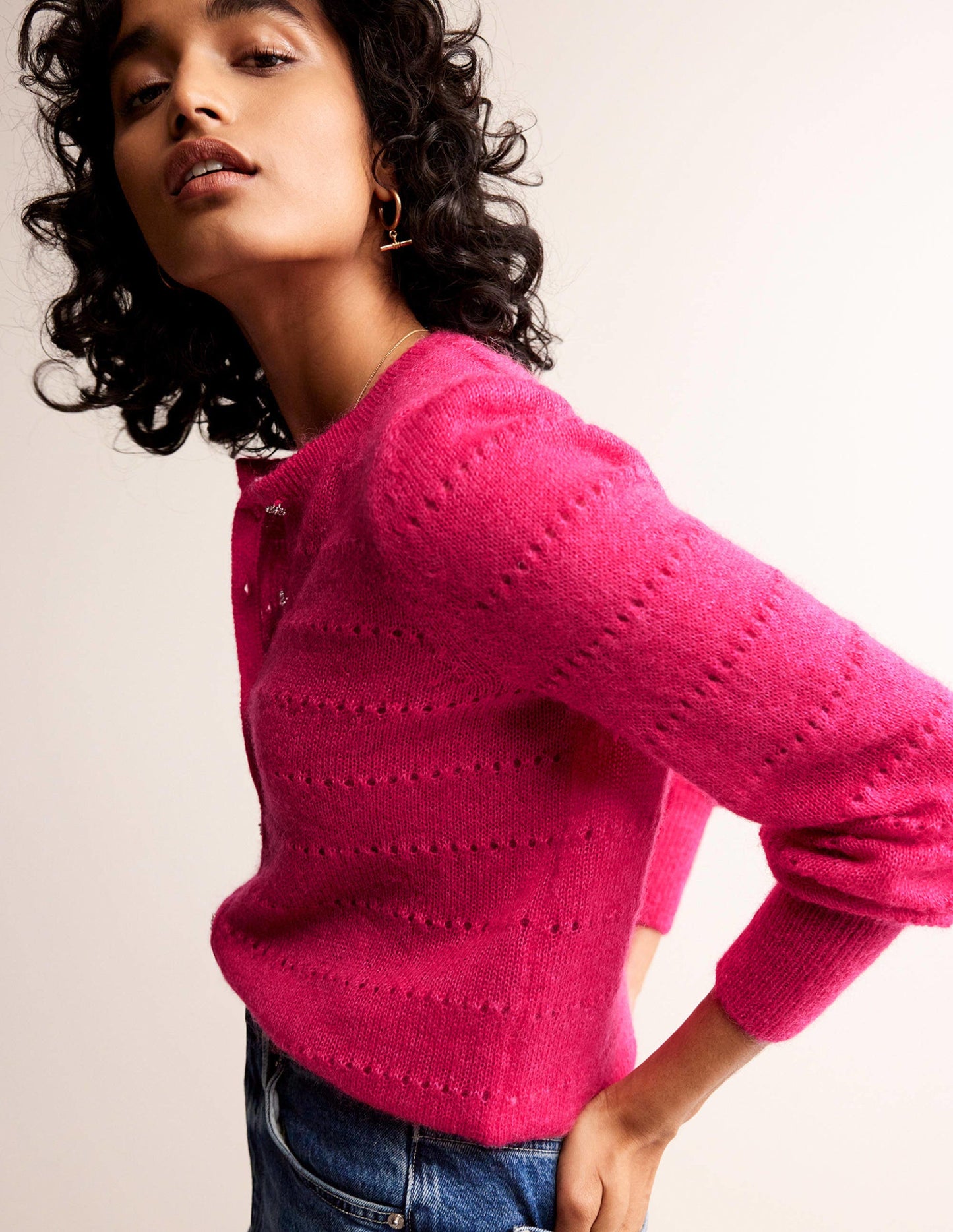Flauschige, texturierte Strickjacke-Kräftiges Rosa
