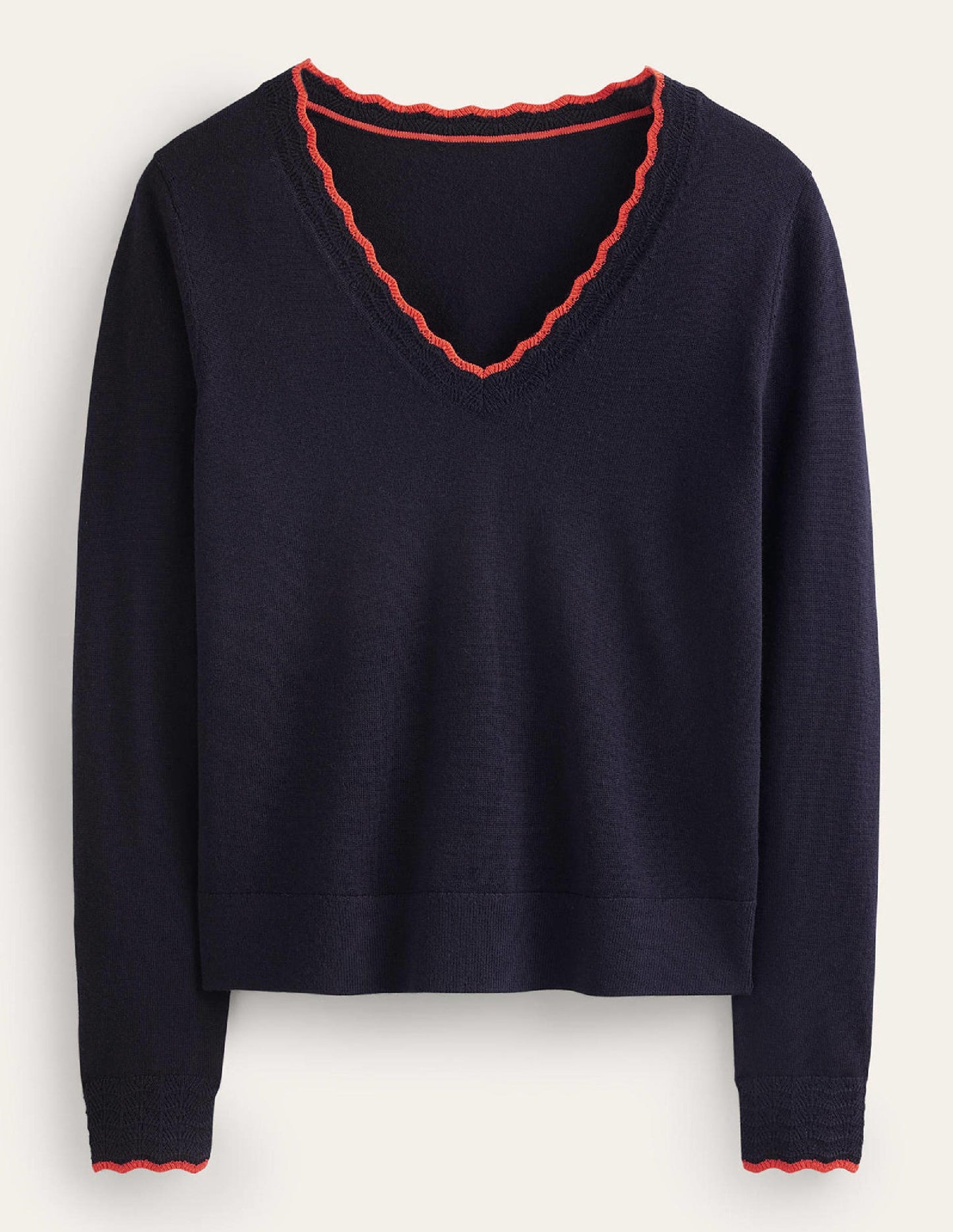 Pull festonné en laine mérinos à col en V-Bleu Marine, Petits Pois