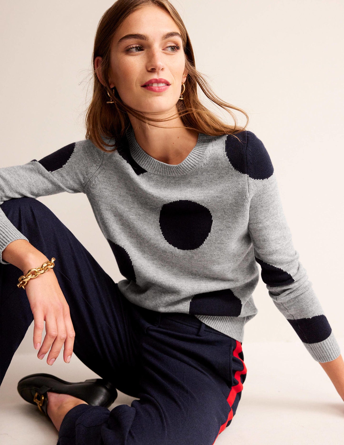 Pullover mit Intarsienpunkten-Grau Meliert, Marineblau Punkte