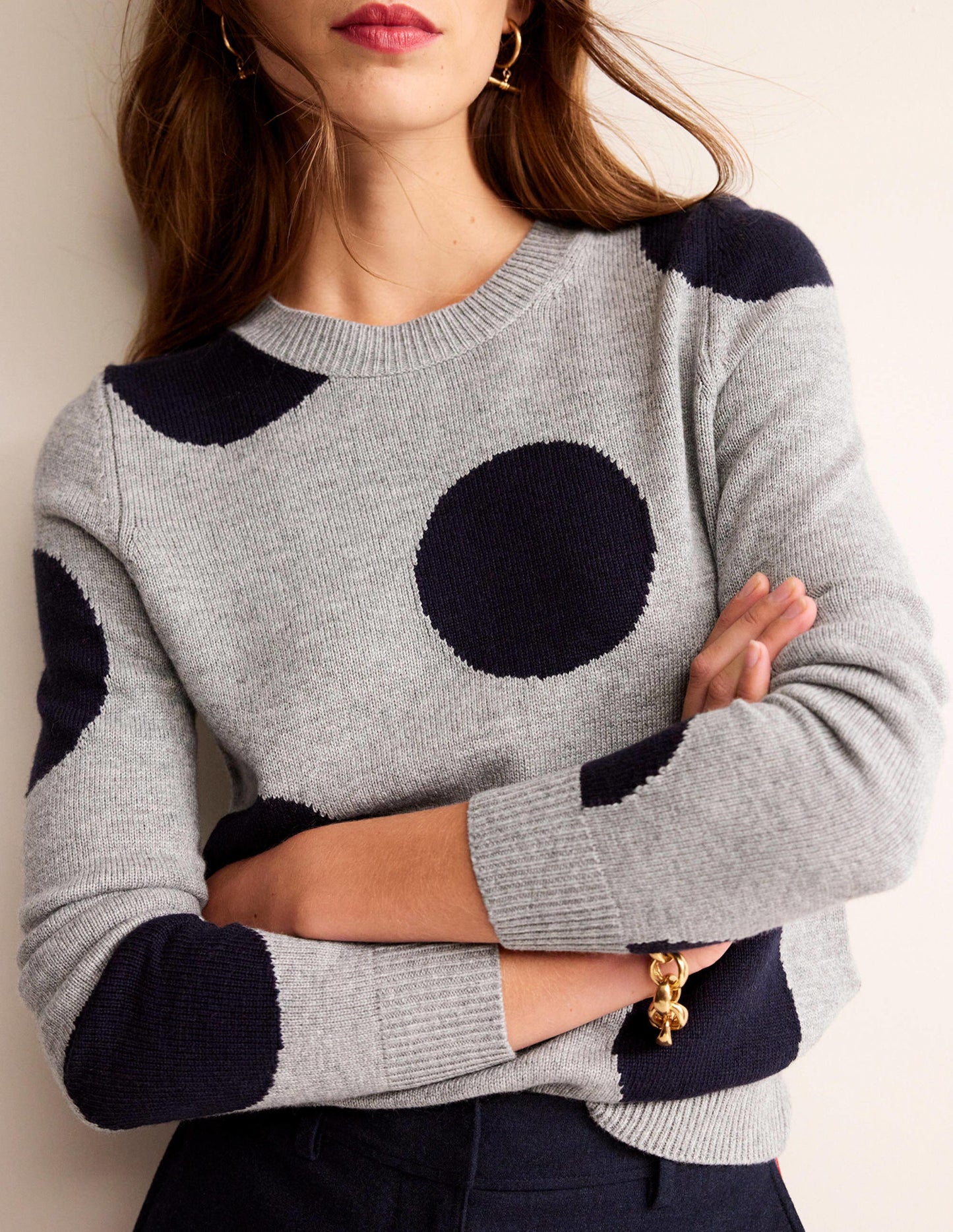 Pullover mit Intarsienpunkten-Grau Meliert, Marineblau Punkte