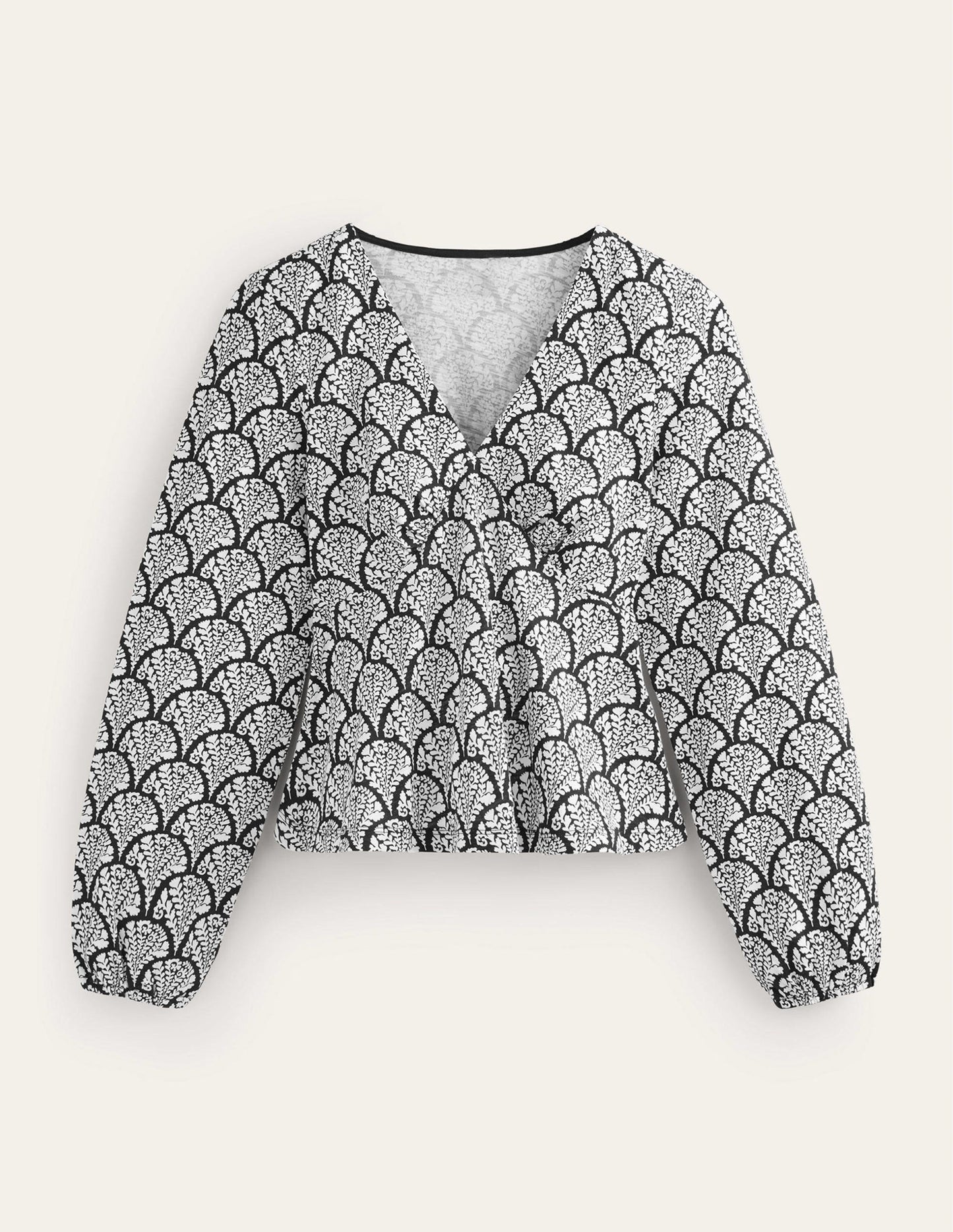 Oberteil mit V-Ausschnitt und Schößchen-Schwarz, Blumig