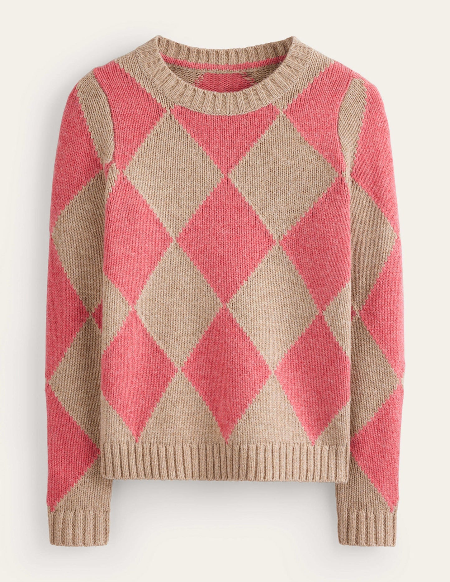 Argyle-Pullover mit Rundhalsausschnitt-Wassermelone, Chinchilla Meliert