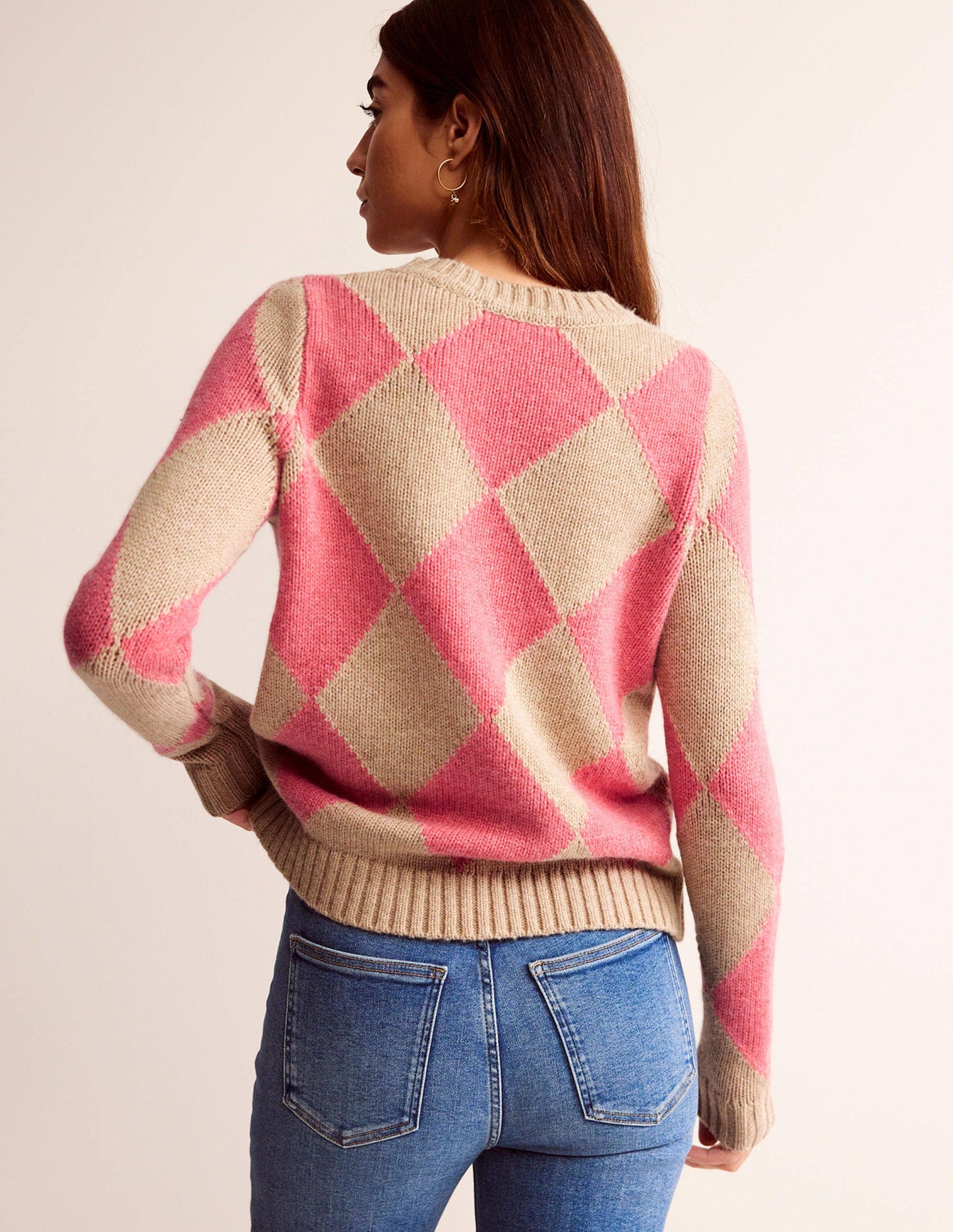 Argyle-Pullover mit Rundhalsausschnitt-Wassermelone, Chinchilla Meliert