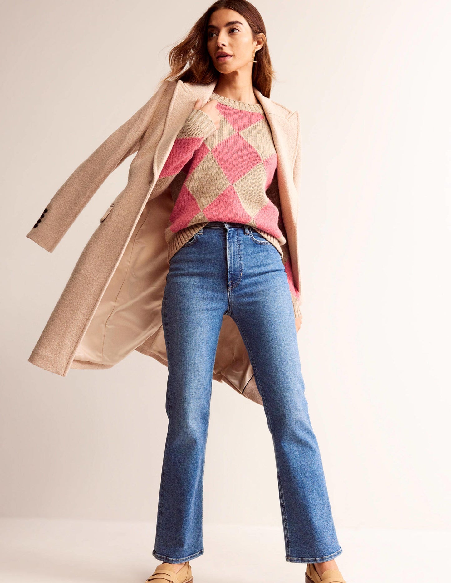 Argyle-Pullover mit Rundhalsausschnitt-Wassermelone, Chinchilla Meliert