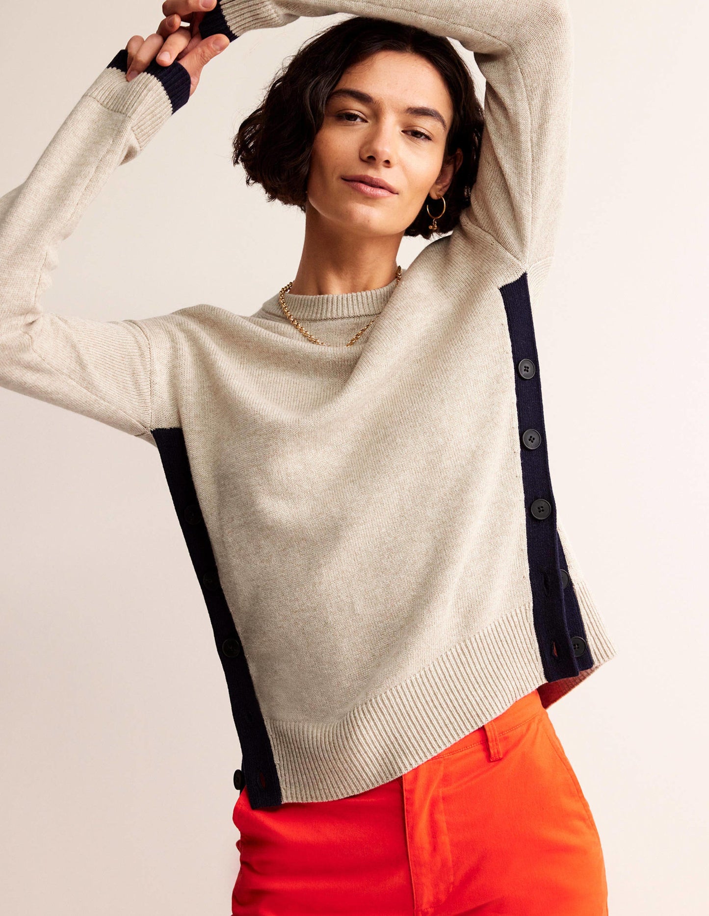 Alma Pullover mit Kontrastbesatz-Chinchilla Meliert, Marineblau