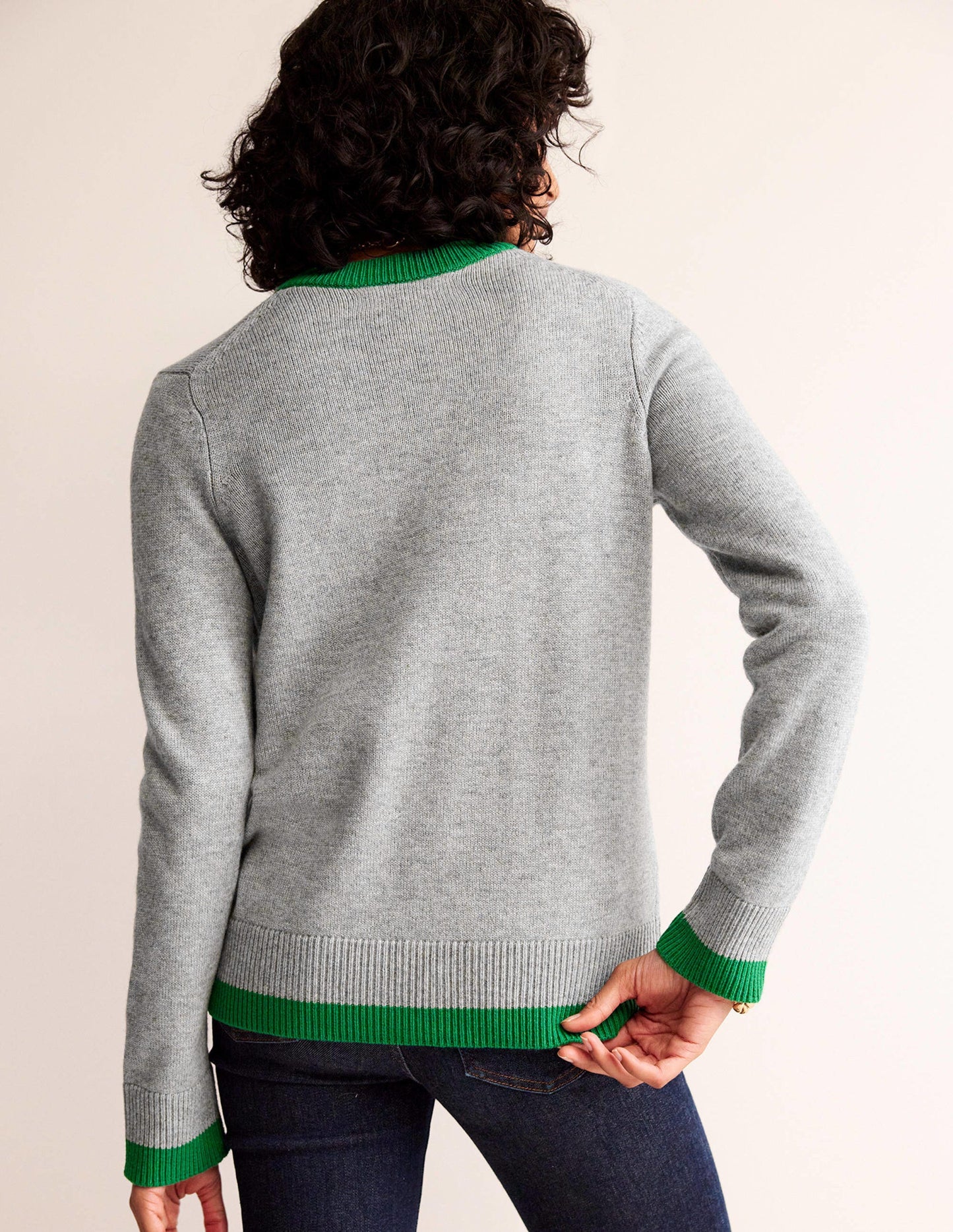 Alma Strickjacke mit Kontrastbesatz-Grau Meliert, Grünes Tamburin