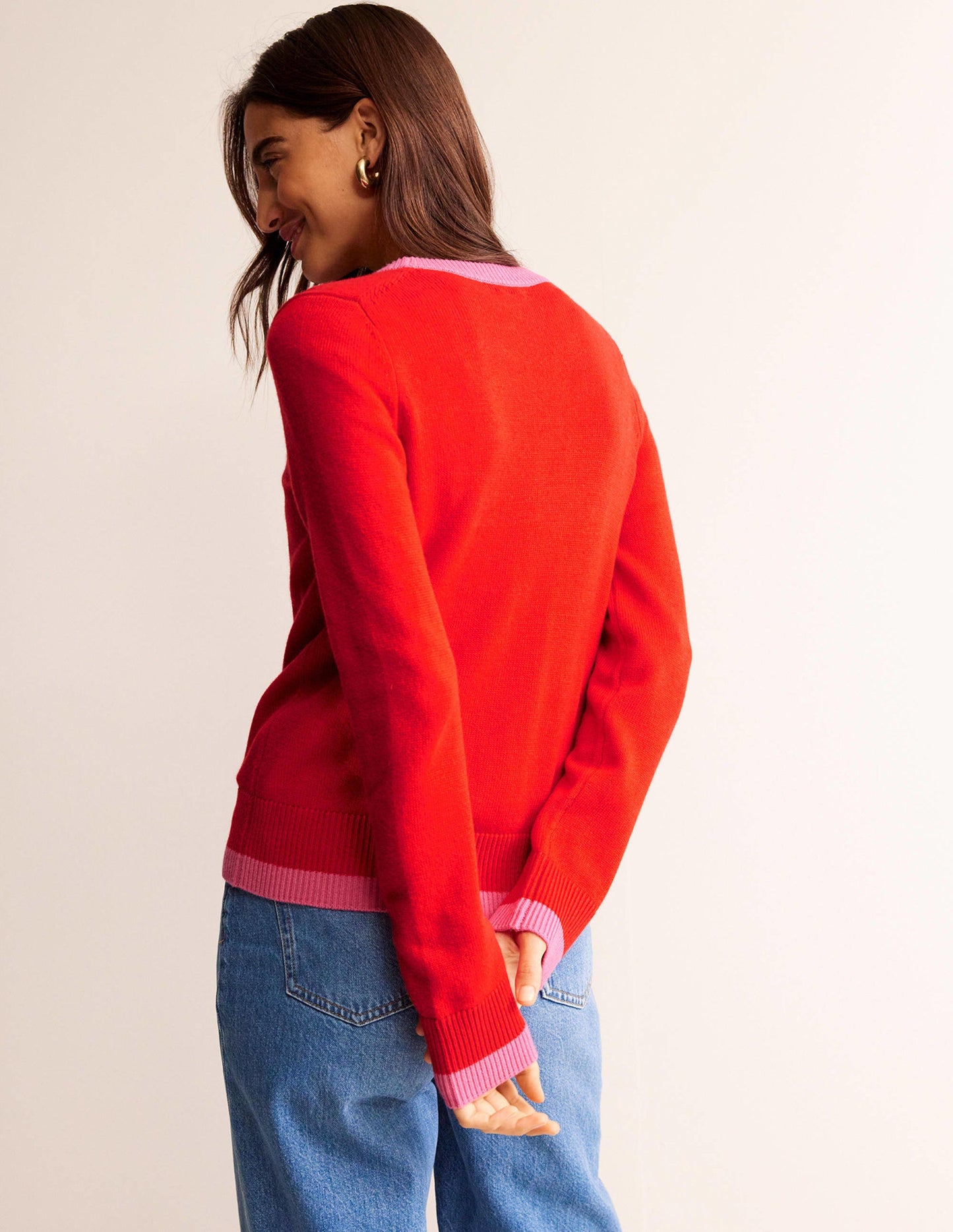 Alma Strickjacke mit Kontrastbesatz-Flame Scarlet, Sangria Sunset