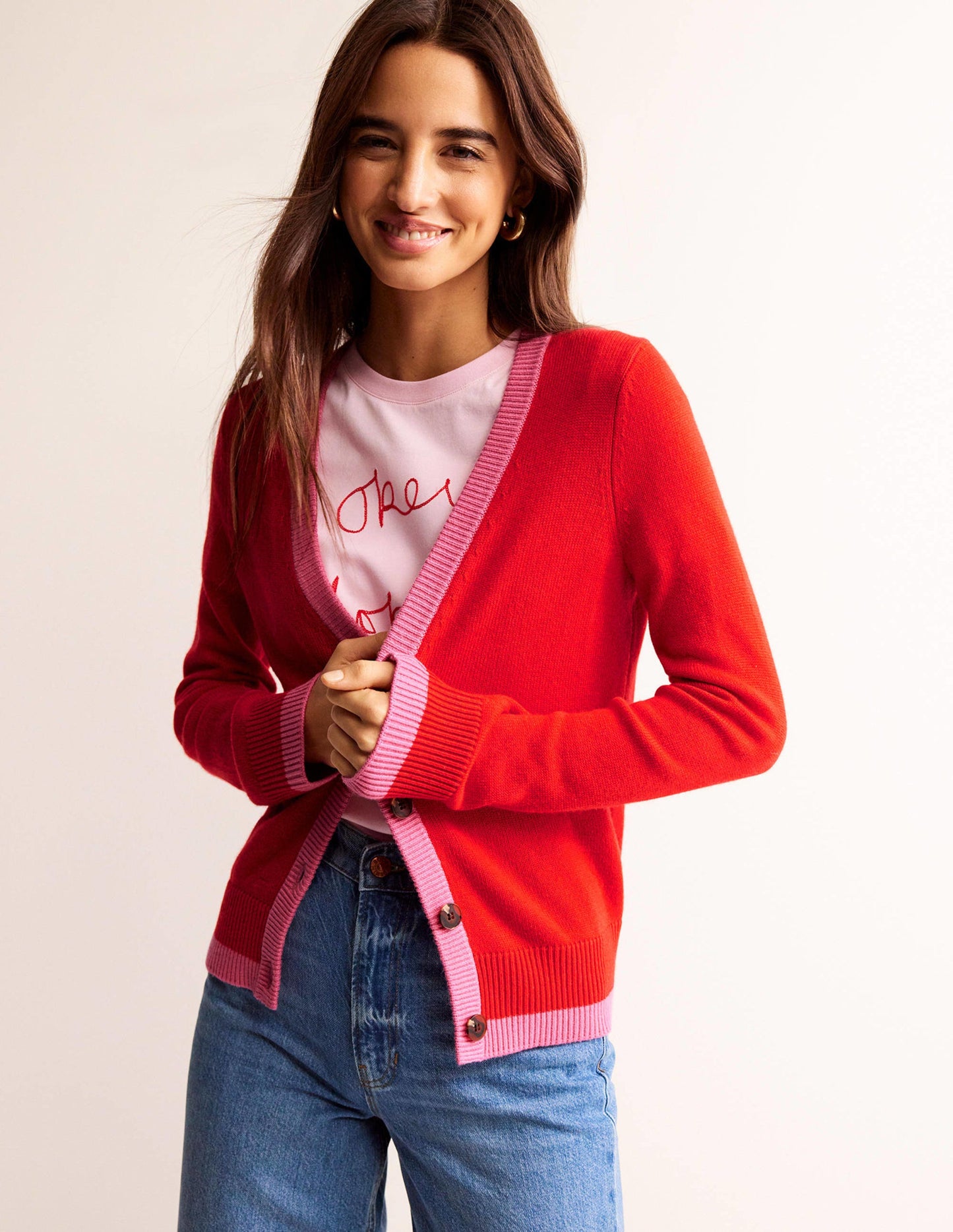 Alma Strickjacke mit Kontrastbesatz-Flame Scarlet, Sangria Sunset