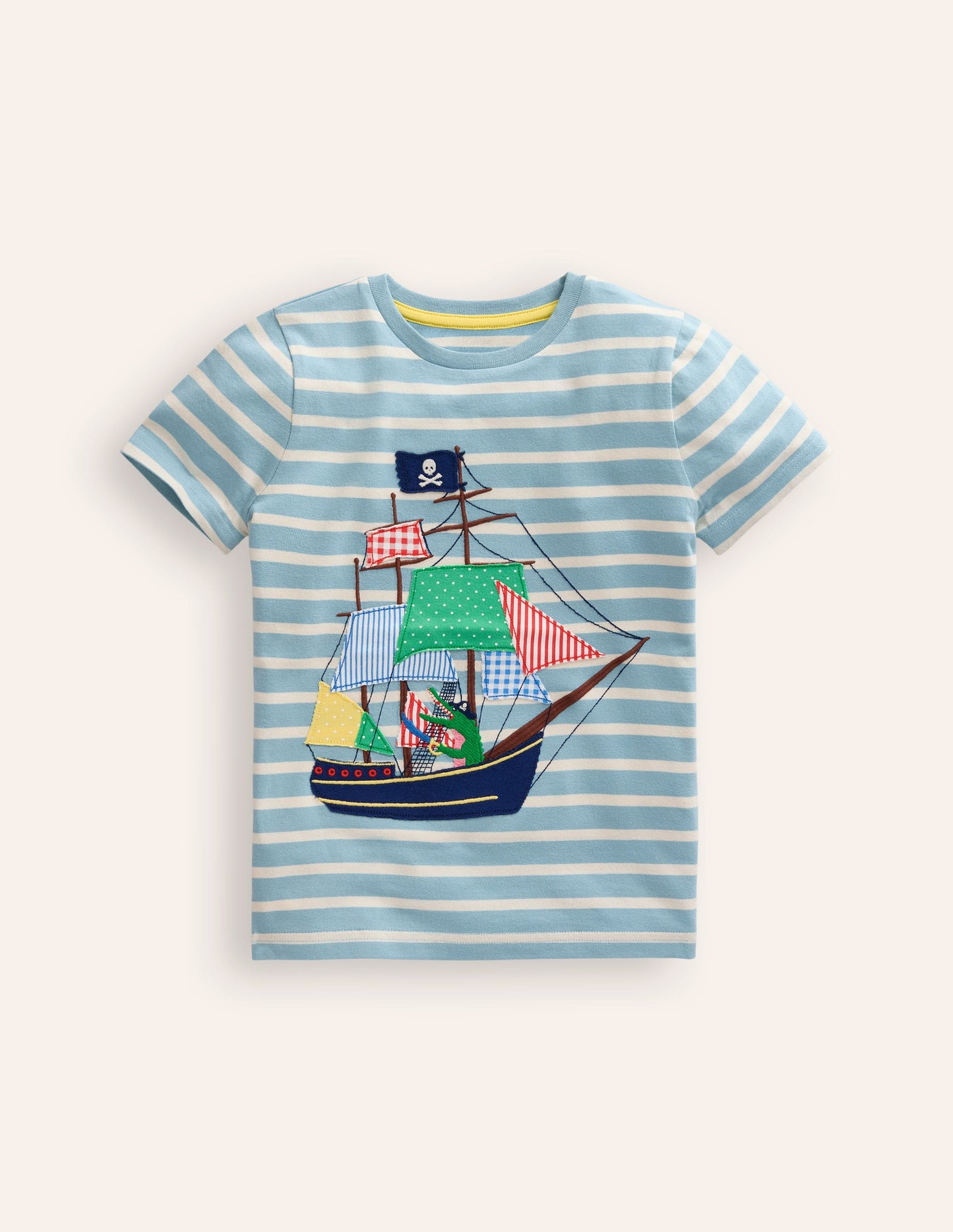 Appliqué Pirate Ship T-shirt-Vintage Blue/ Ivory Stripe