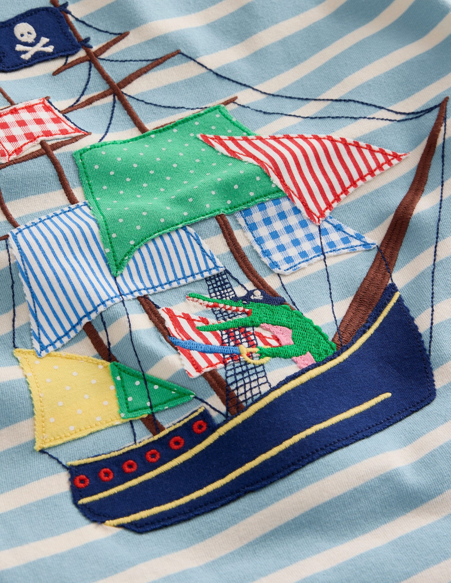 Appliqué Pirate Ship T-shirt-Vintage Blue/ Ivory Stripe