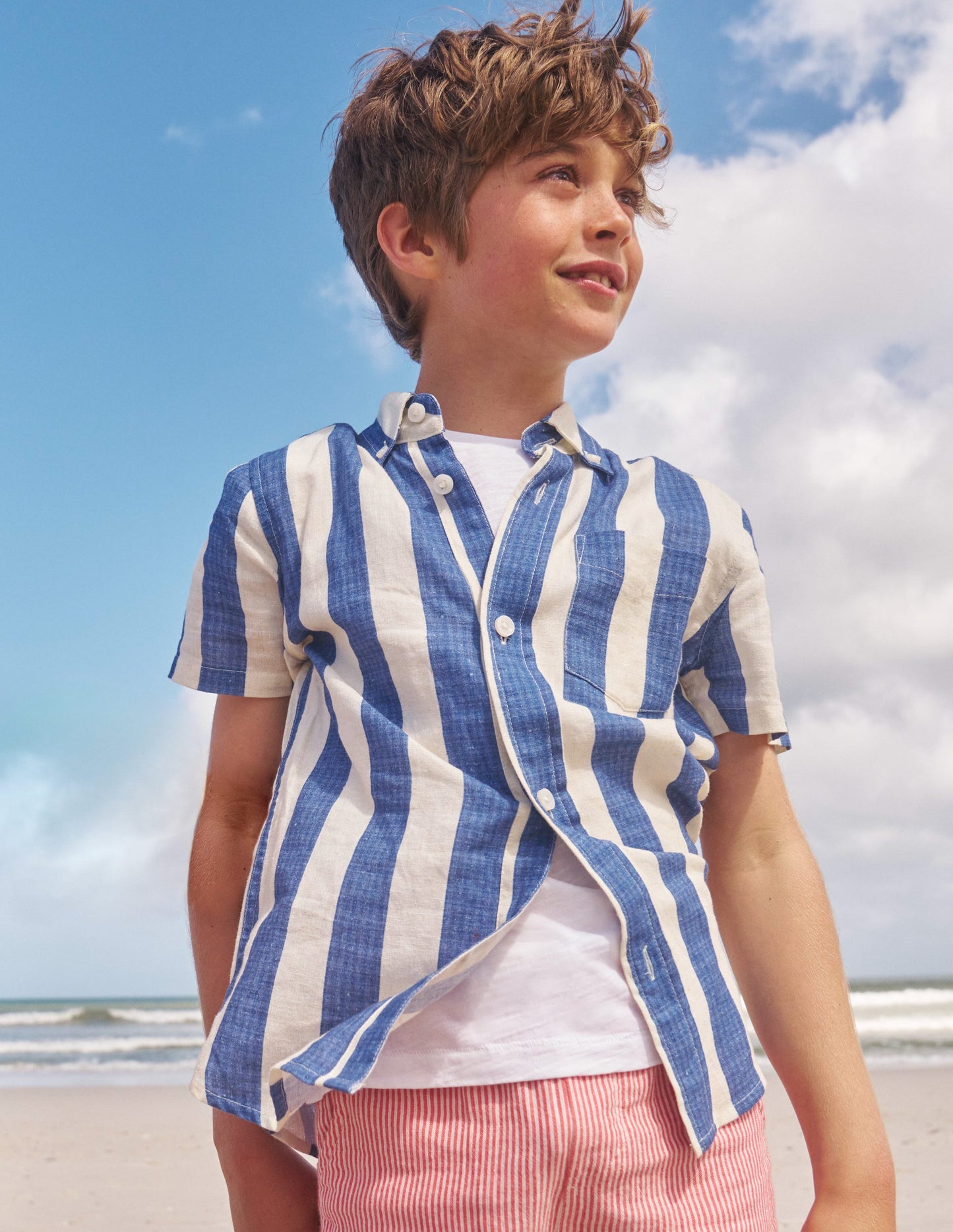 Chemise en coton et lin-Rayé bleu saphir/ivoire