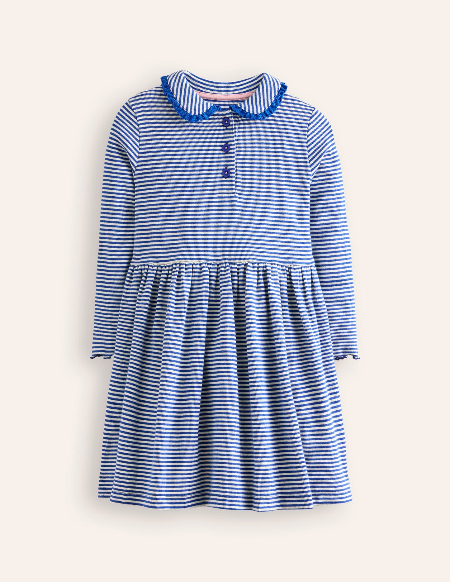 Geripptes Kleid mit Kragen zum Herumwirbeln-Blauhäher/Naturweiß Streifen