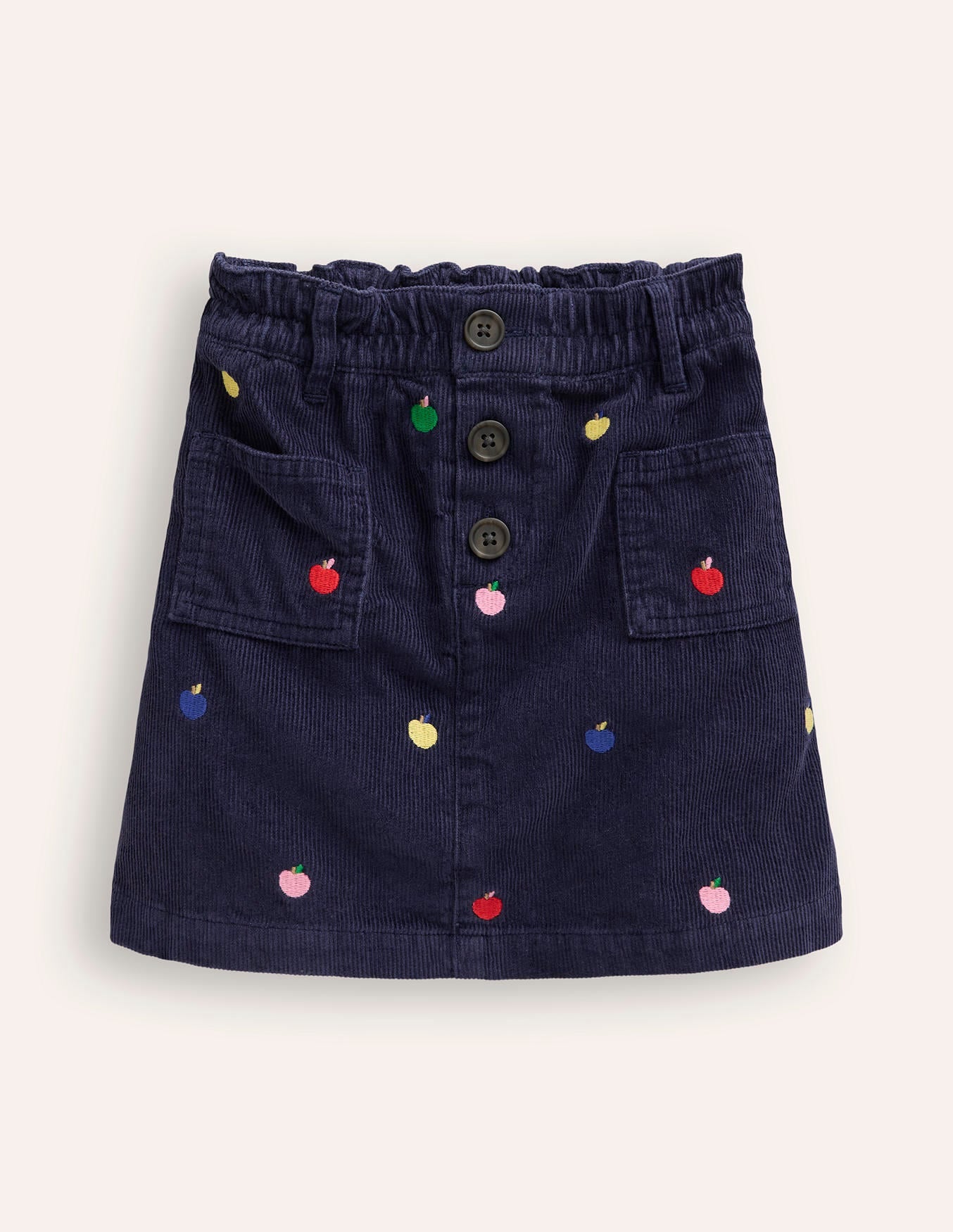 Mini-jupe boutonnée à enfiler-Broderie pommes multi bleu marine