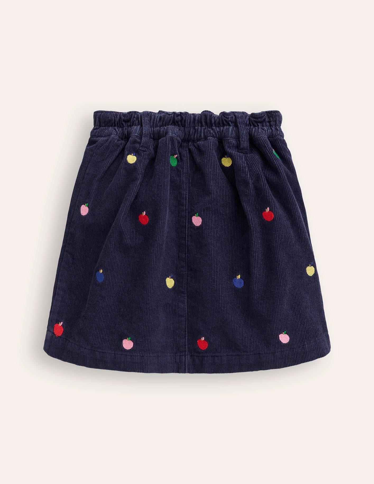 Mini-jupe boutonnée à enfiler-Broderie pommes multi bleu marine