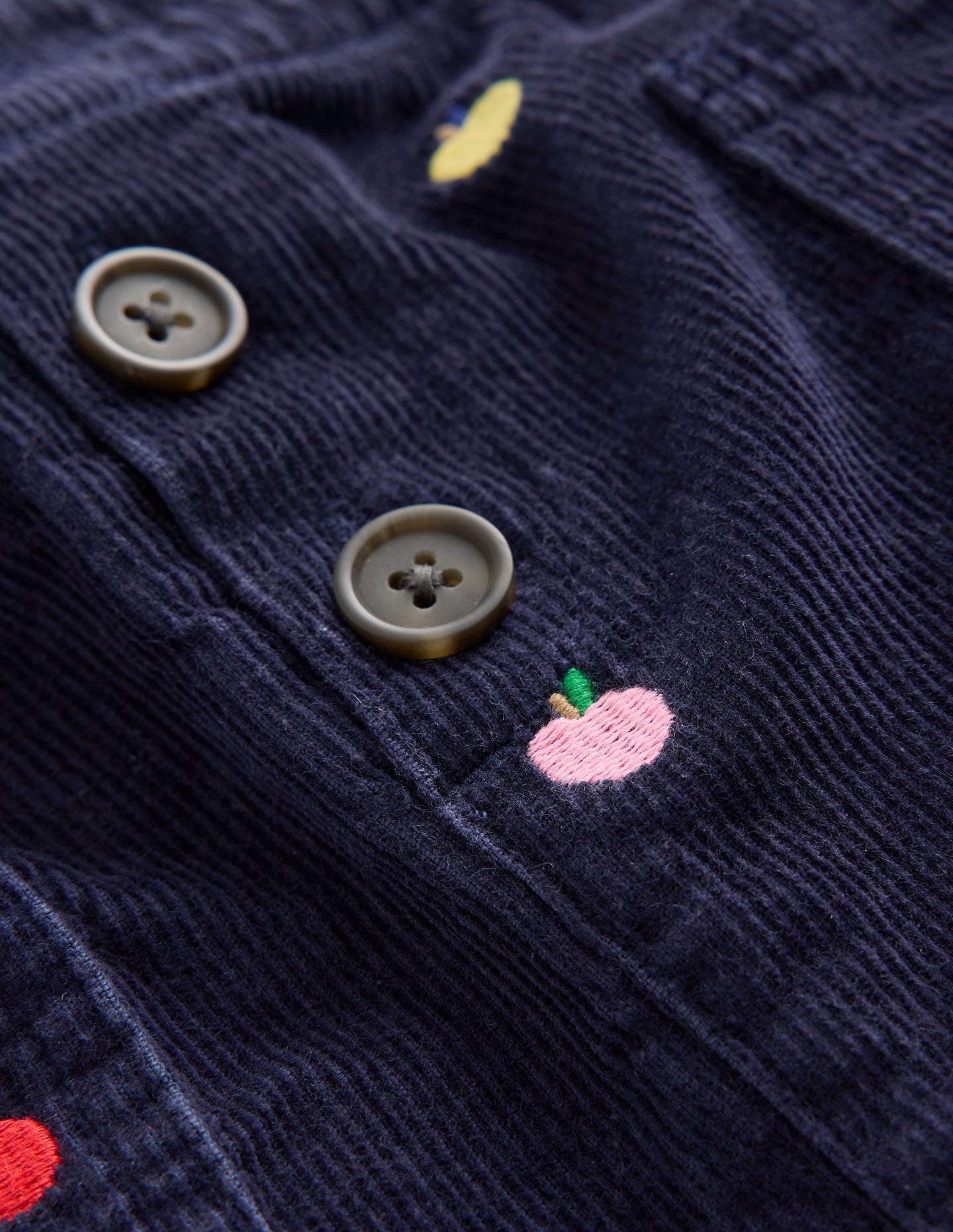Mini-jupe boutonnée à enfiler-Broderie pommes multi bleu marine