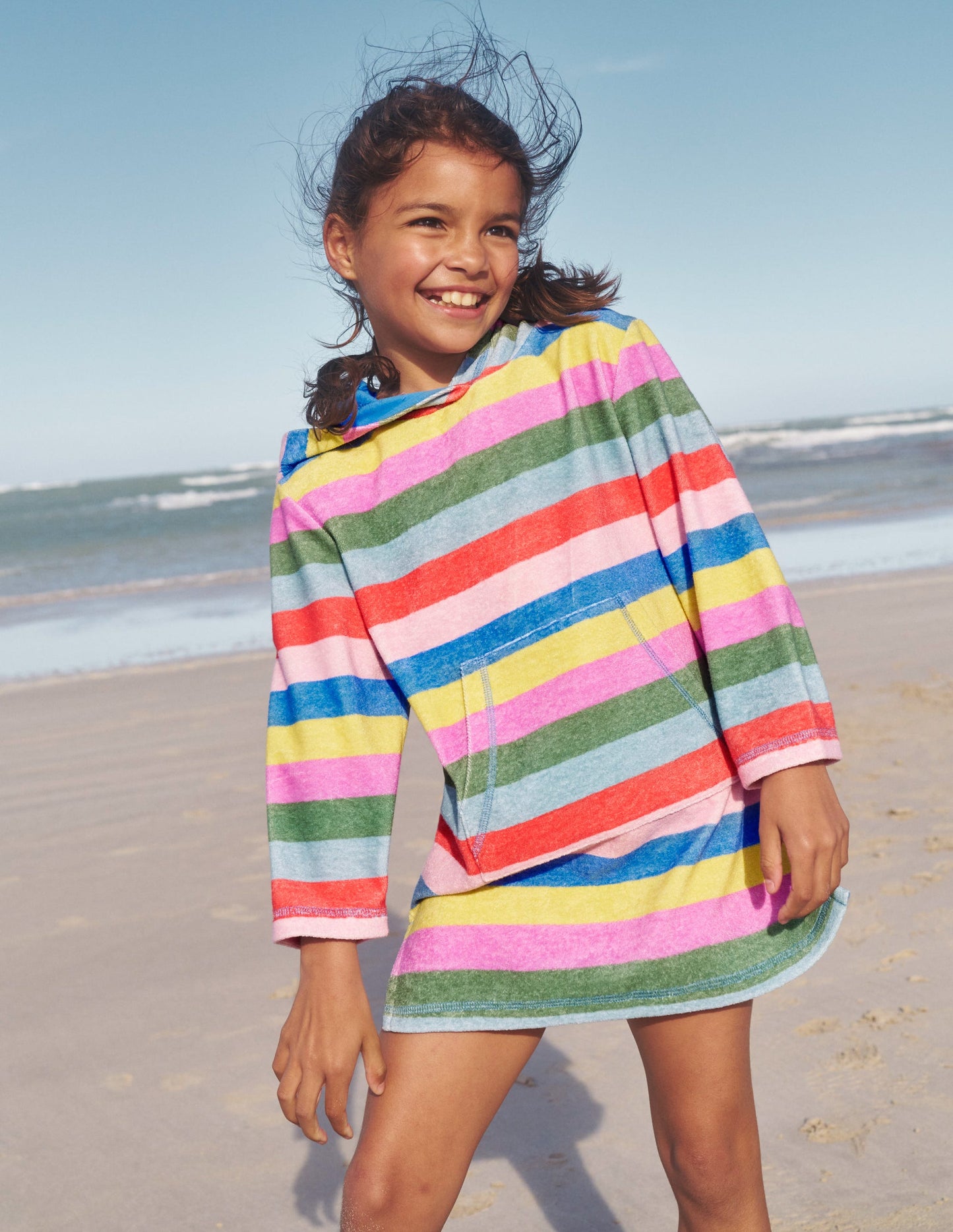 Frottee-Badeponcho-Ackerbohnengrün/Pink, Gestreift