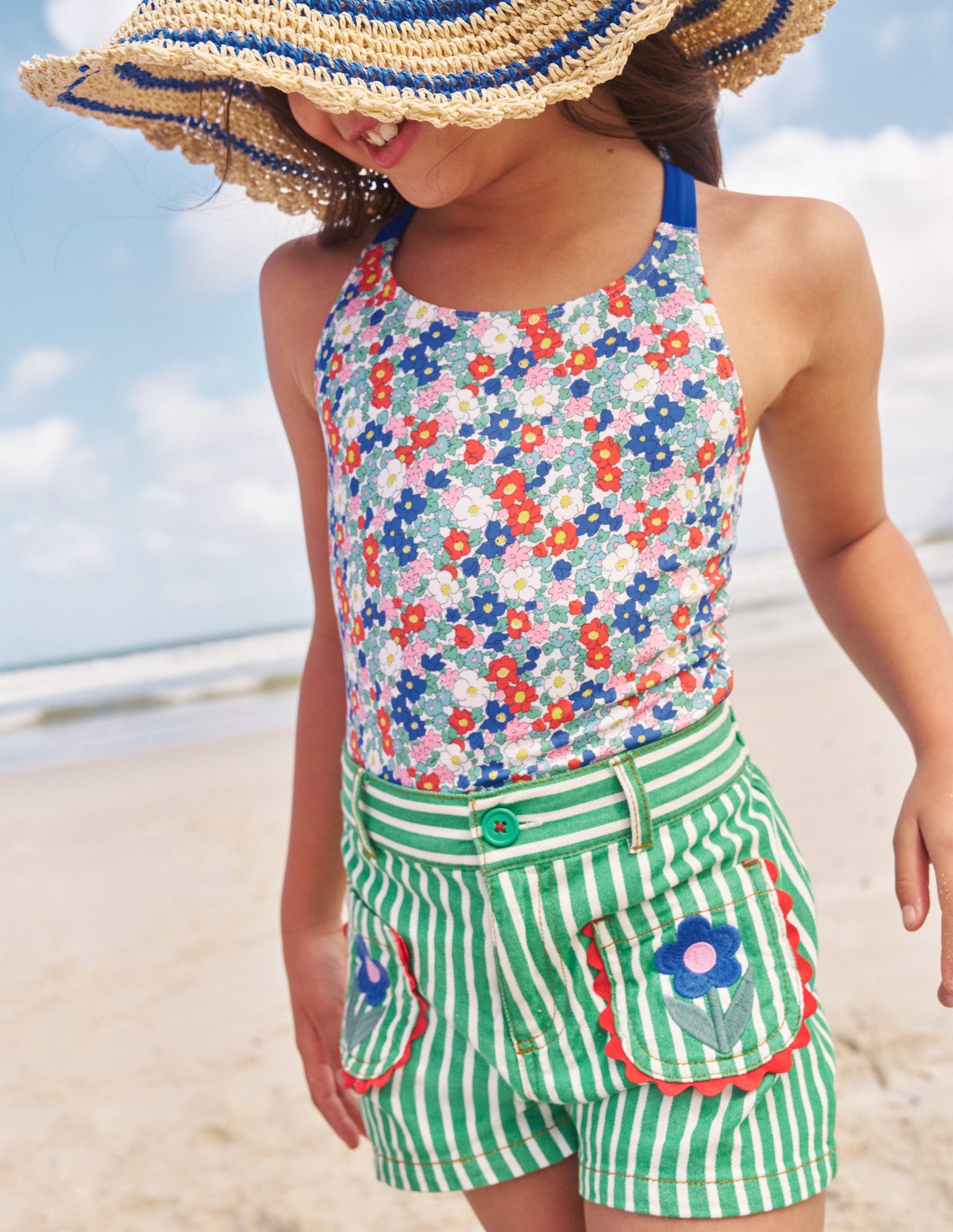 Maillot de bain imprimé croisé dans le dos-Motif floral nautique