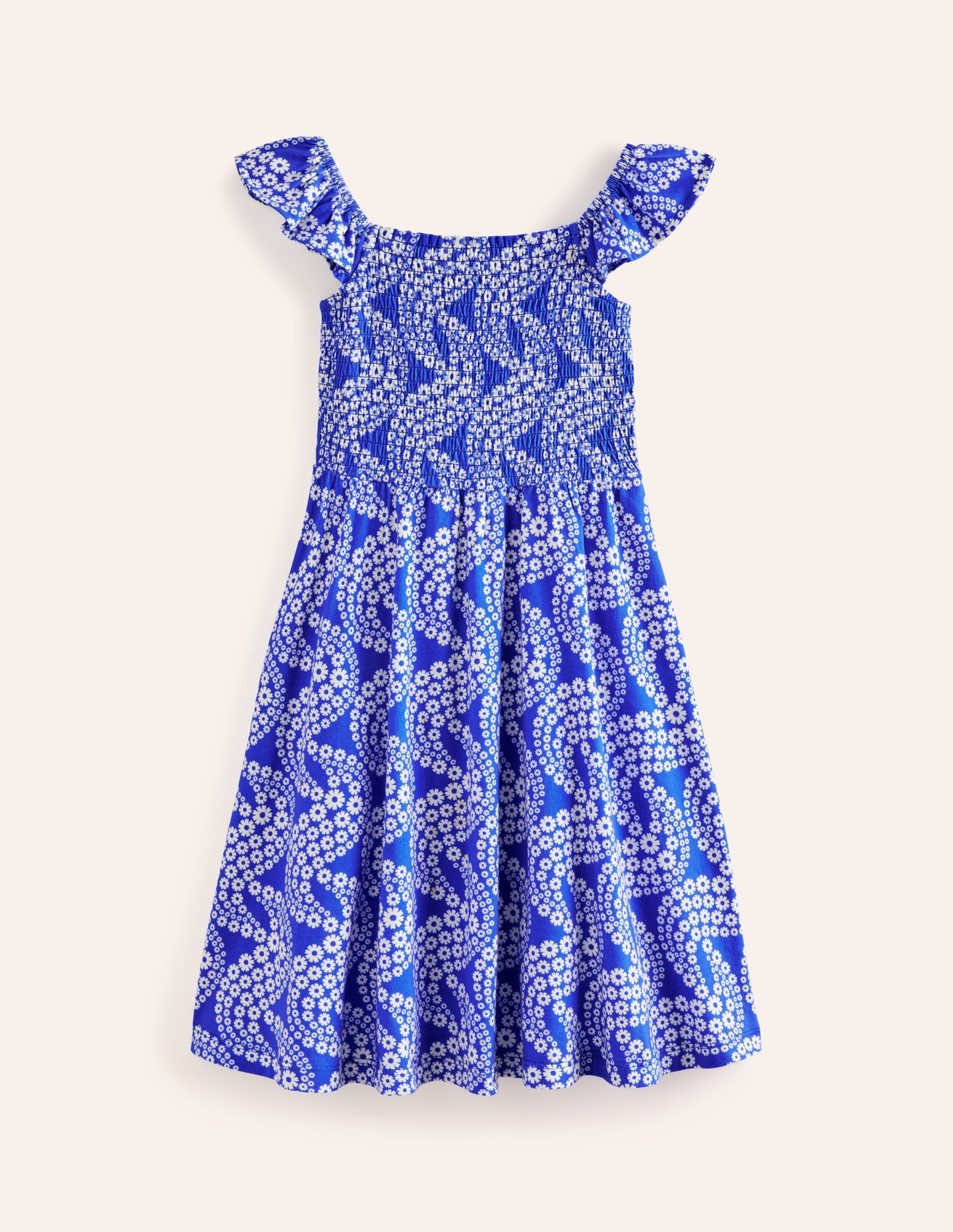 Robe froncée en jersey-Vague pâquerette bleu grec