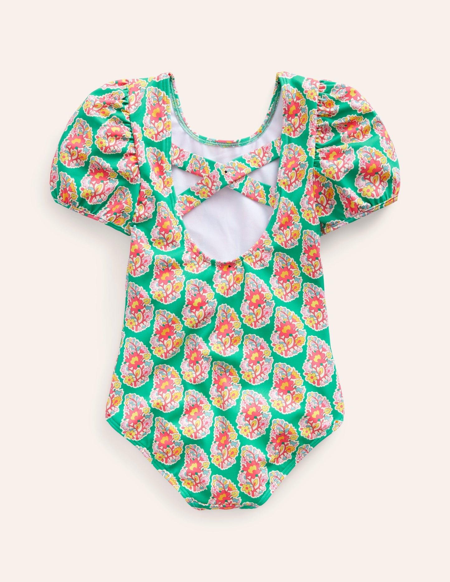 Maillot de bain imprimé à manches bouffantes-Motif cachemire vert jade