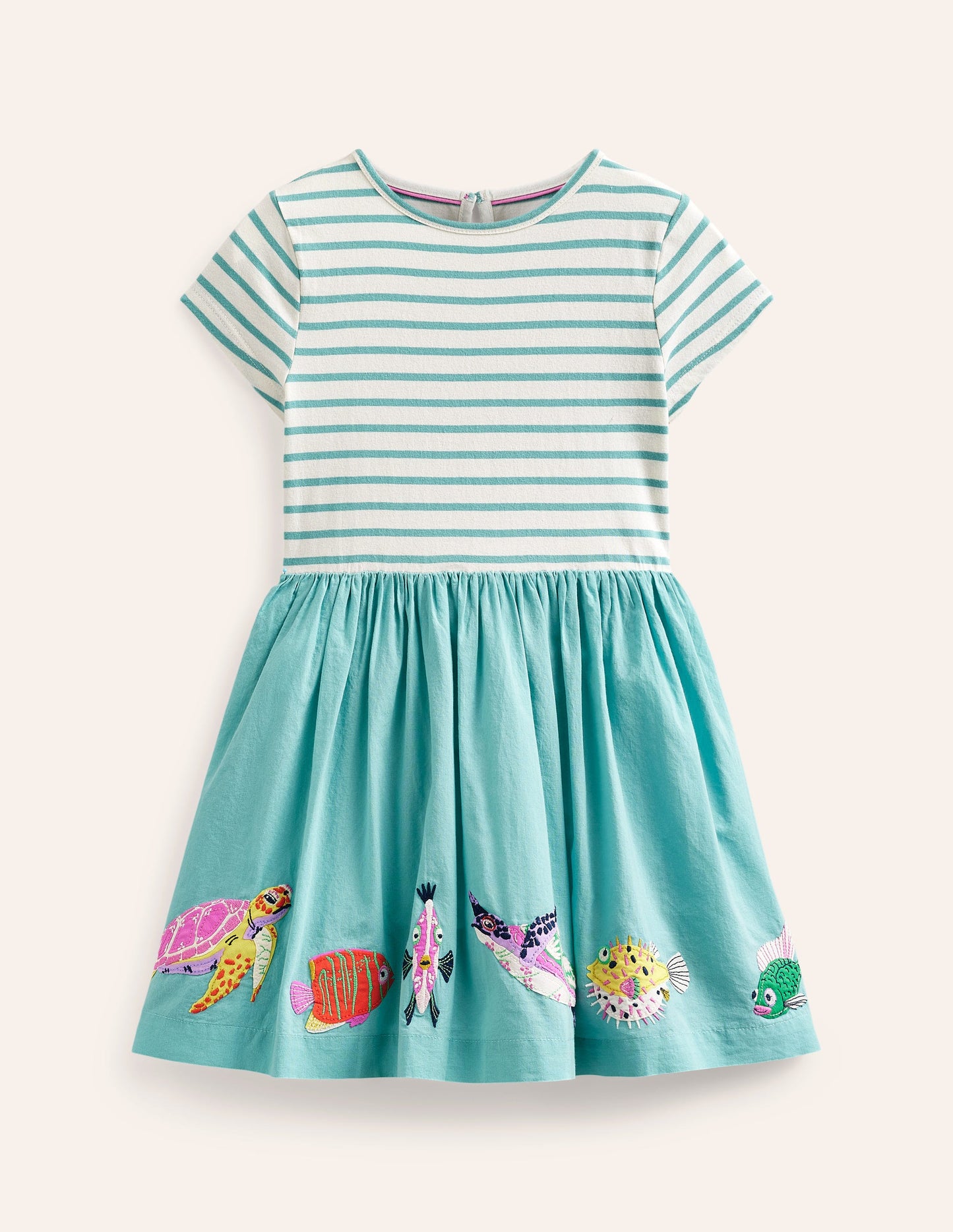 Gewebtes Kleid mit Applikationen-Mix-Georgisch-Blau/ Vanille Meeresbewohner