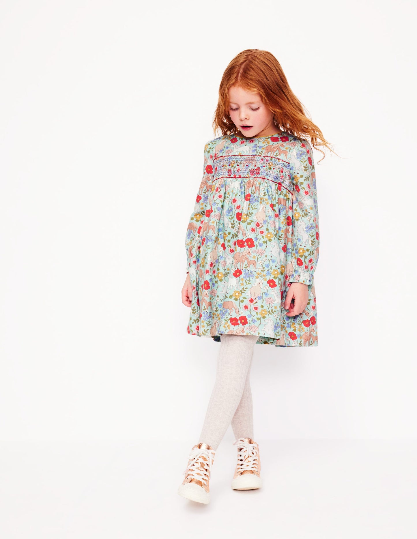 Bess Gesmoktes Kleid-Eisblau Pony Blumenmuster