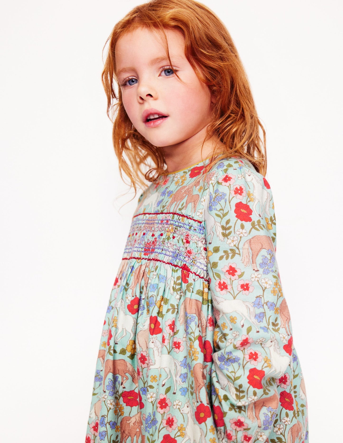 Bess Gesmoktes Kleid-Eisblau Pony Blumenmuster