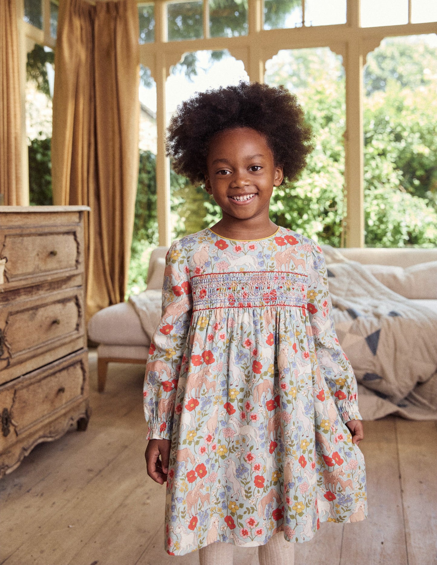 Bess Gesmoktes Kleid-Eisblau Pony Blumenmuster