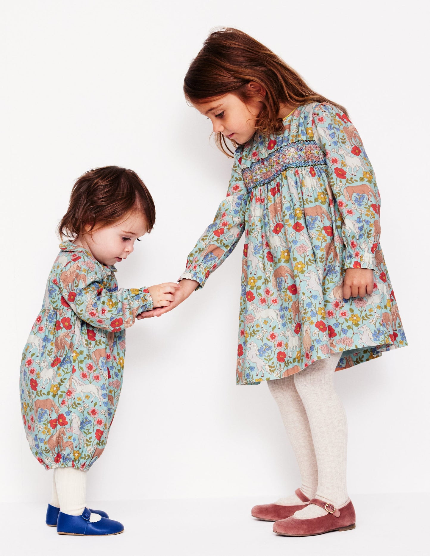 Bess Gesmoktes Kleid-Eisblau Pony Blumenmuster