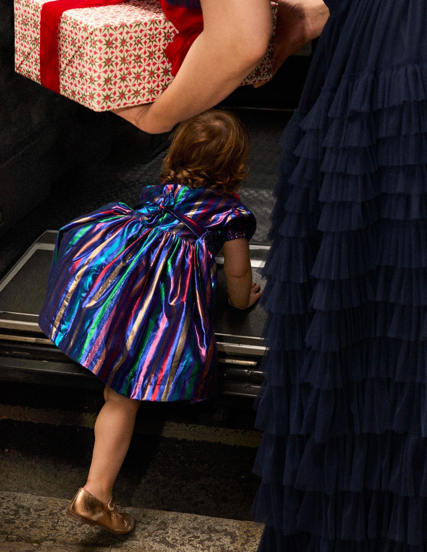 Robe de fête métallisée à smocks-Multicolore, Rayures en Lurex