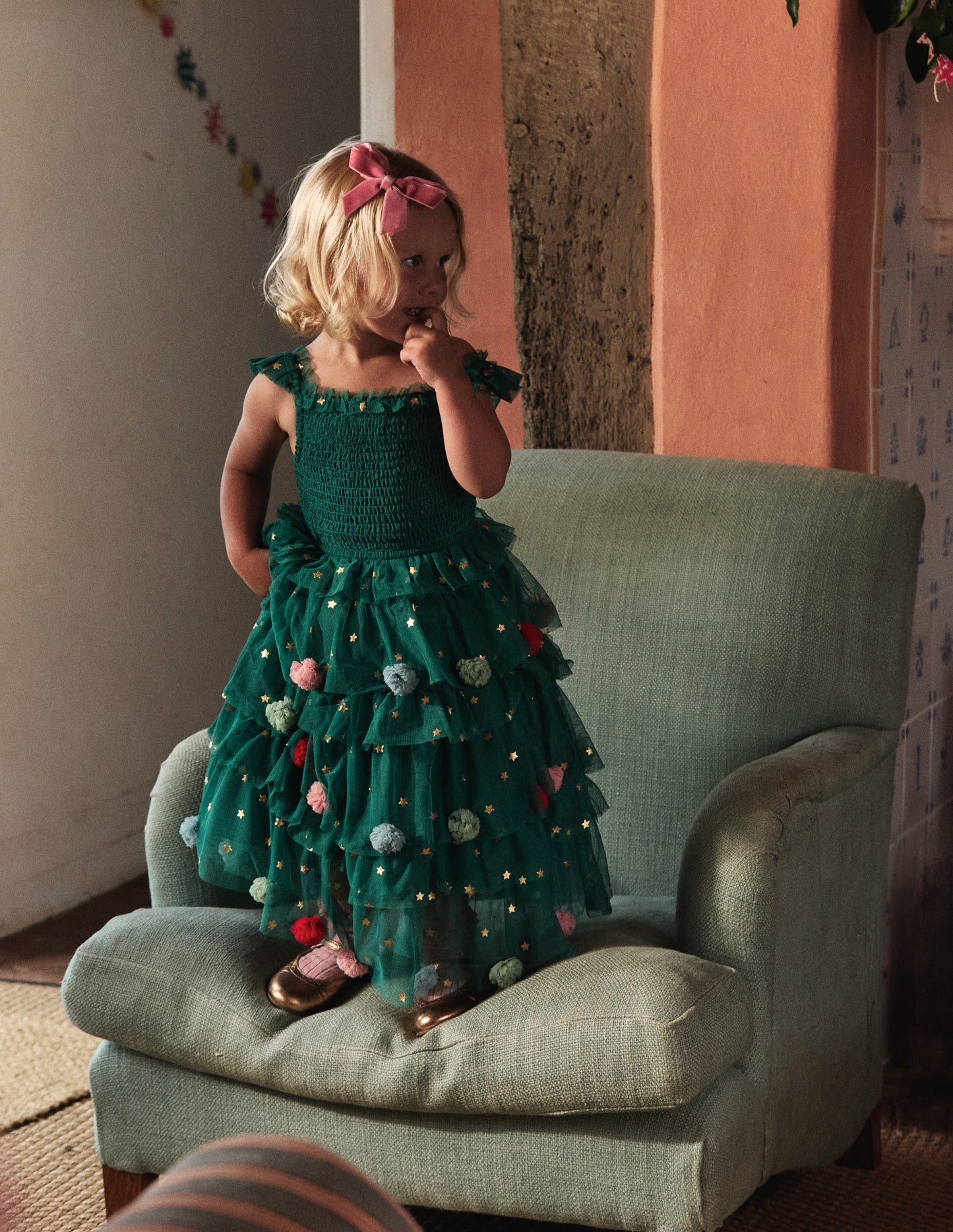Robe Maude à volants en tulle-Sapin de Noël vert joyau