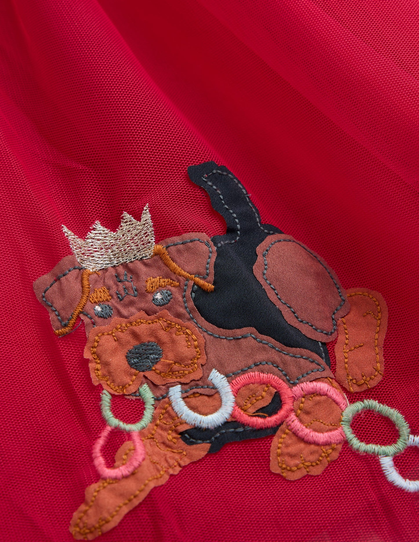 Robe en velours et tulle à appliqué-Chiens festifs rouge carmin