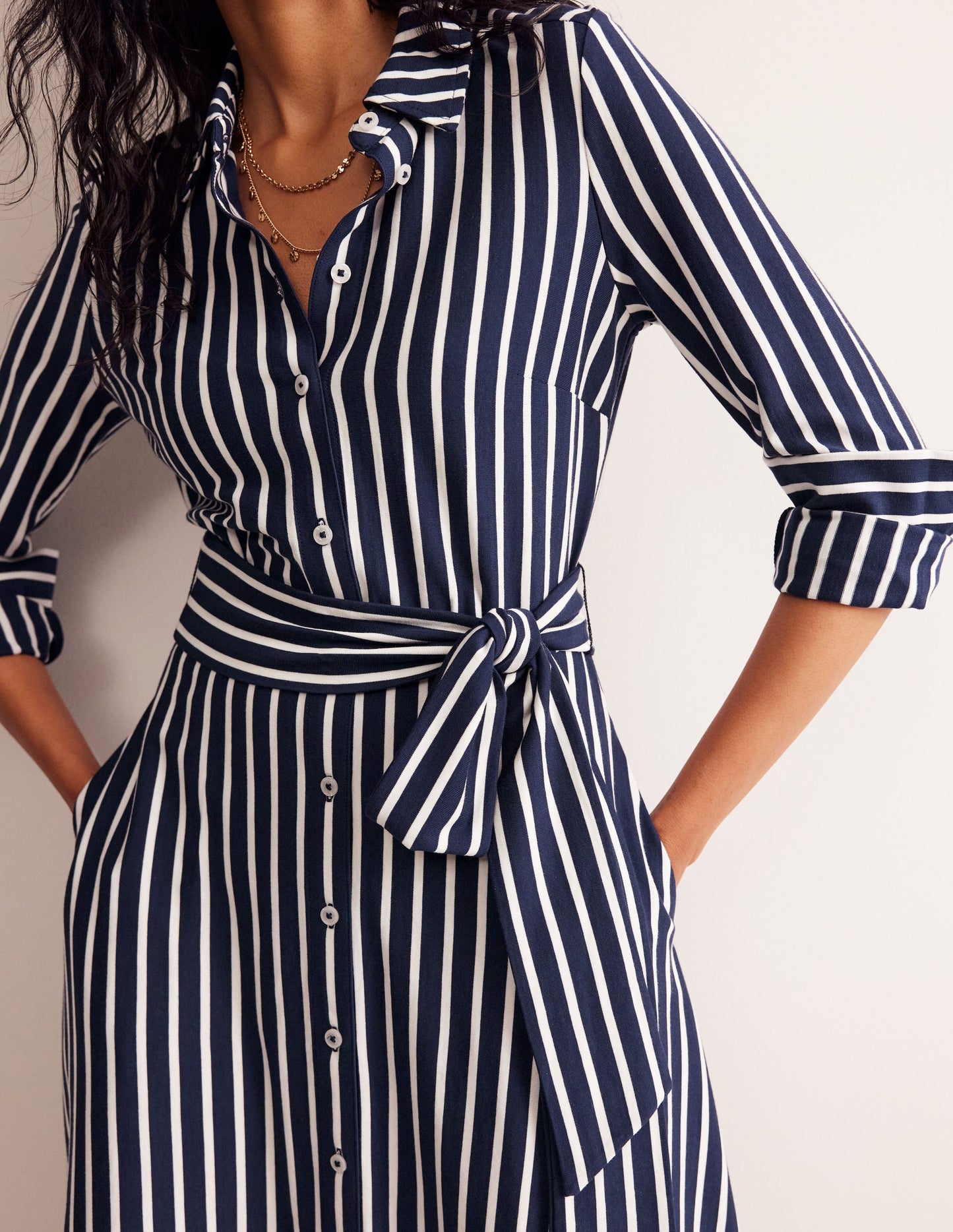 Marcia Jersey Shirt Dress-Navy, Ivory Stripe