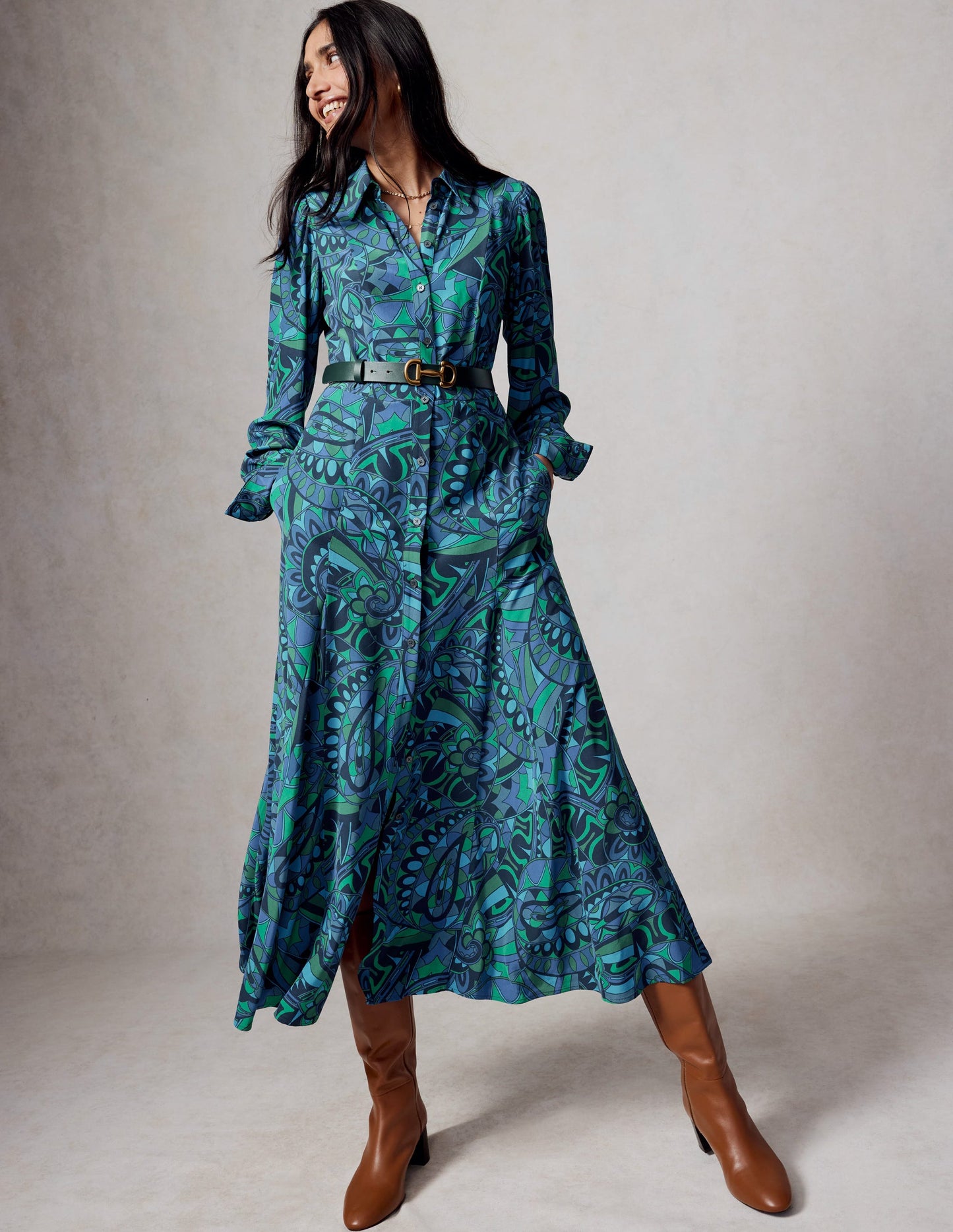 Martha Maxi-Hemdblusenkleid mit Godet-Rock-Astro Green/Skipper Fun Stripe
