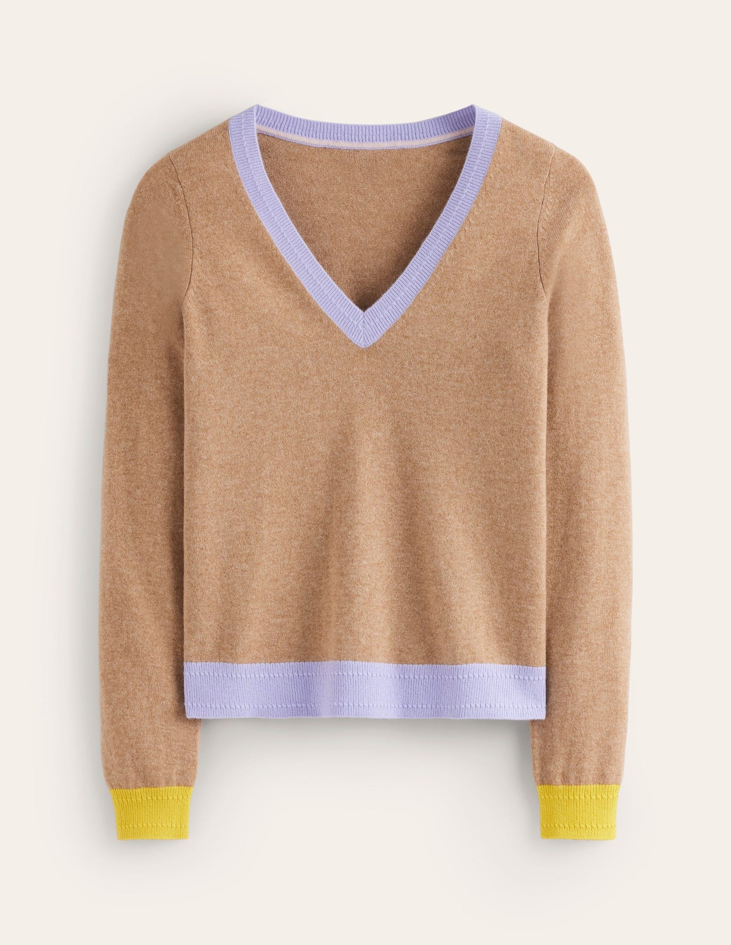 Pull Eva col V en cachemire-Camel chiné, colourblock