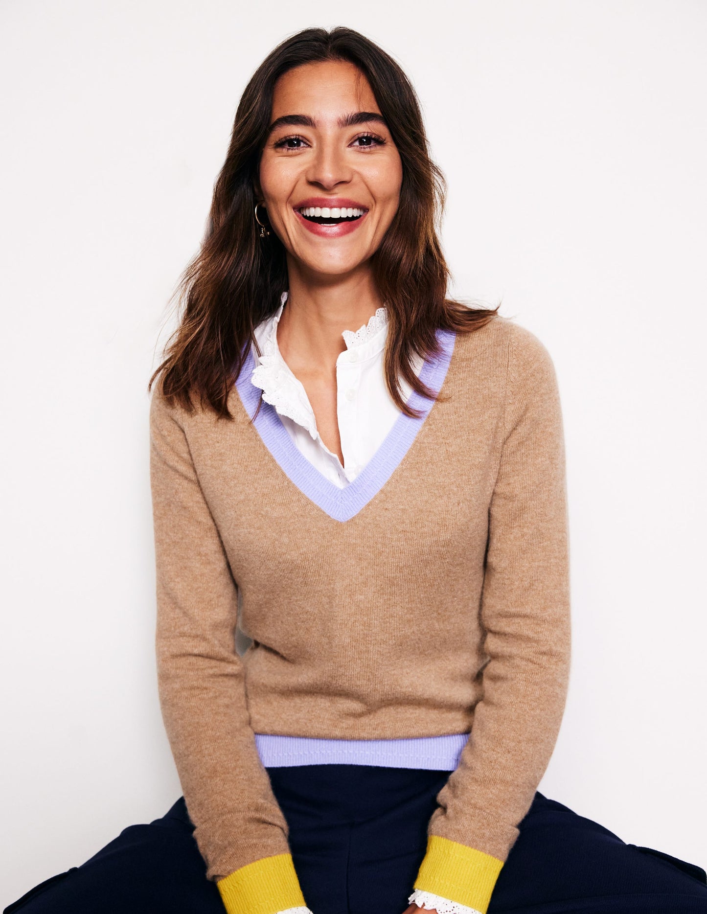 Pull Eva col V en cachemire-Camel chiné, colourblock