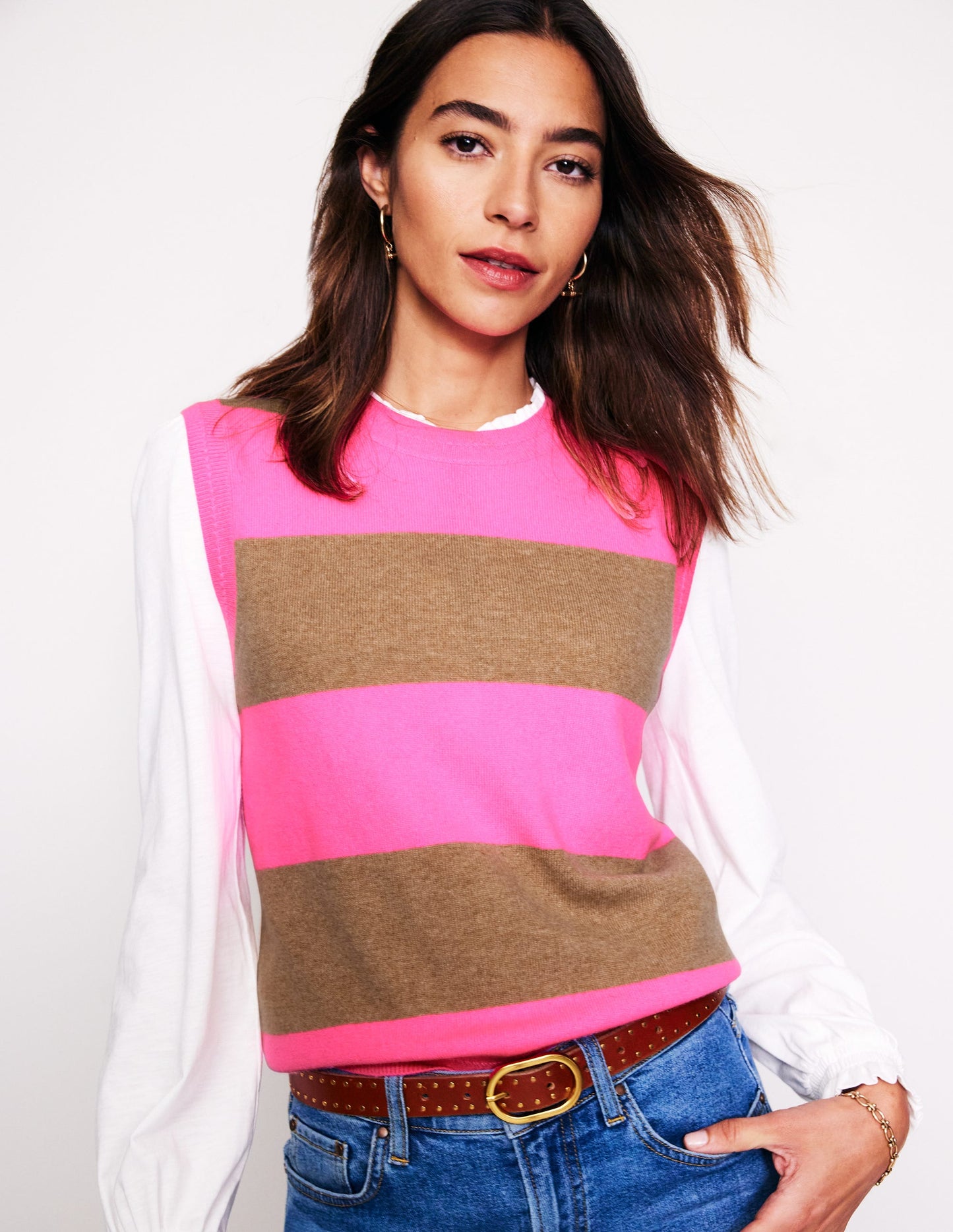 Débardeur Eva en cachemire-Camel chiné/rose fluo