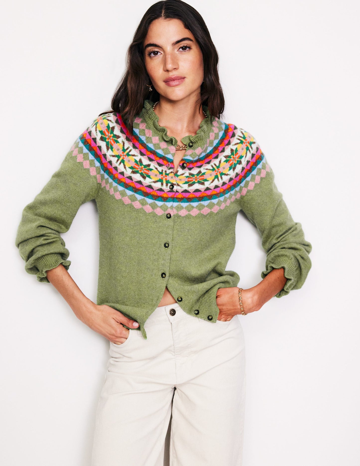 Cardigan Fae à volants et motif jacquard-Aquamarine