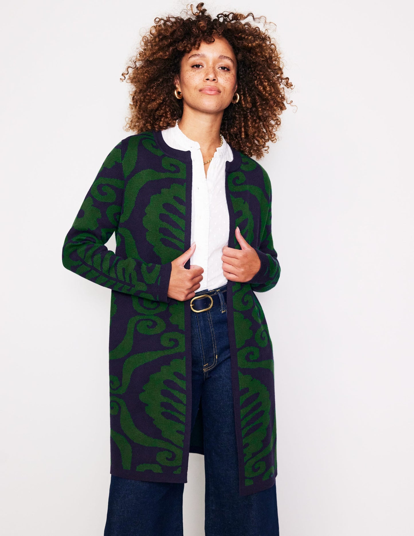 Manteau façon cardigan bord-à-bord-Pin, motif jacquard Floral Birdseye