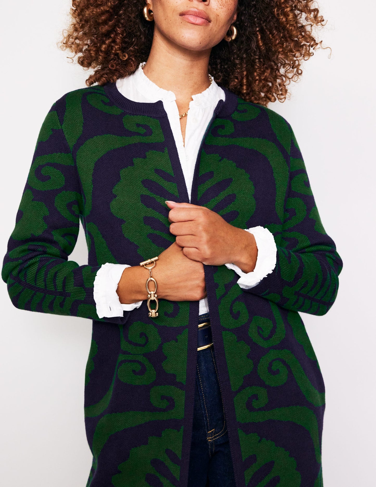 Manteau façon cardigan bord-à-bord-Pin, motif jacquard Floral Birdseye