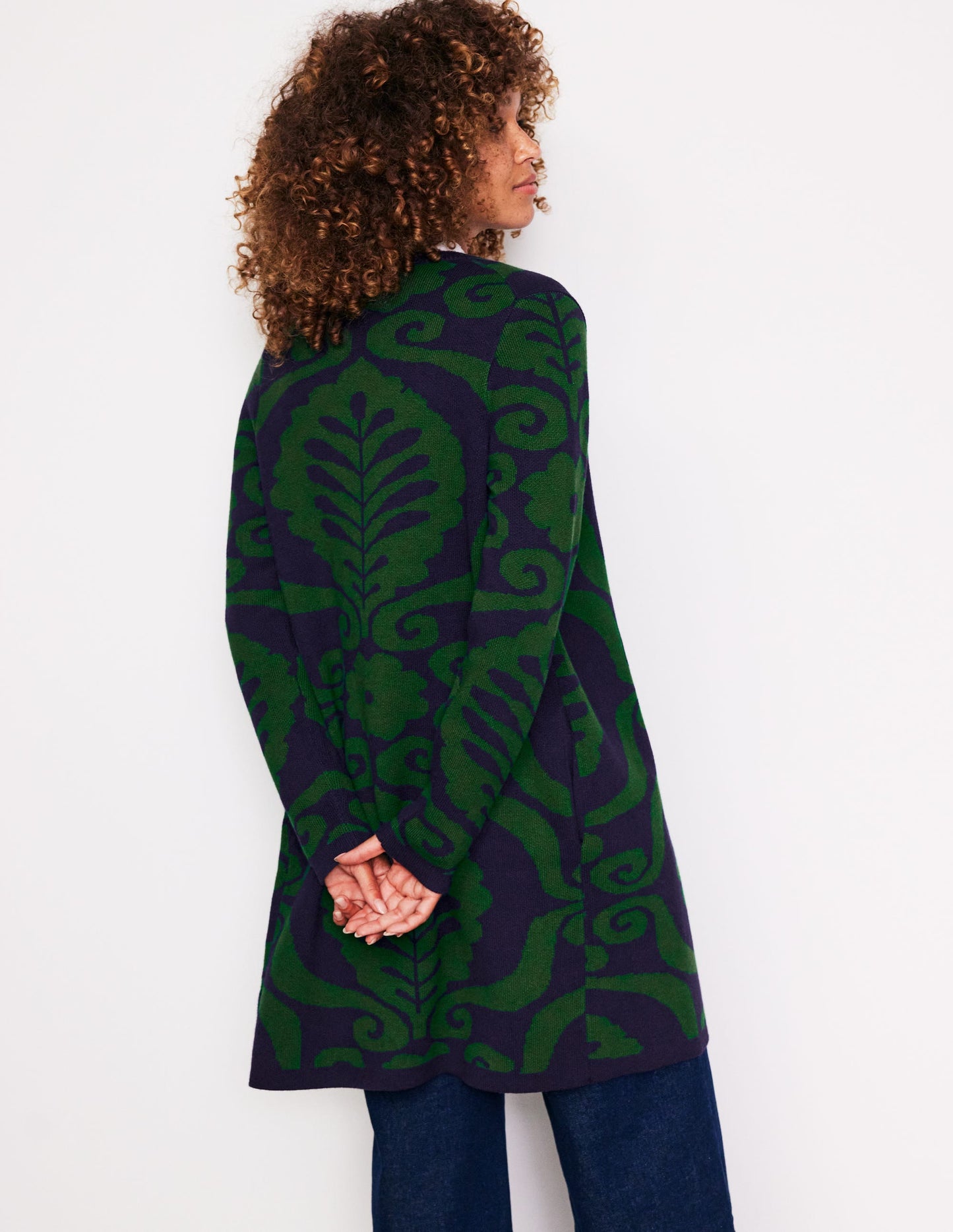 Manteau façon cardigan bord-à-bord-Pin, motif jacquard Floral Birdseye
