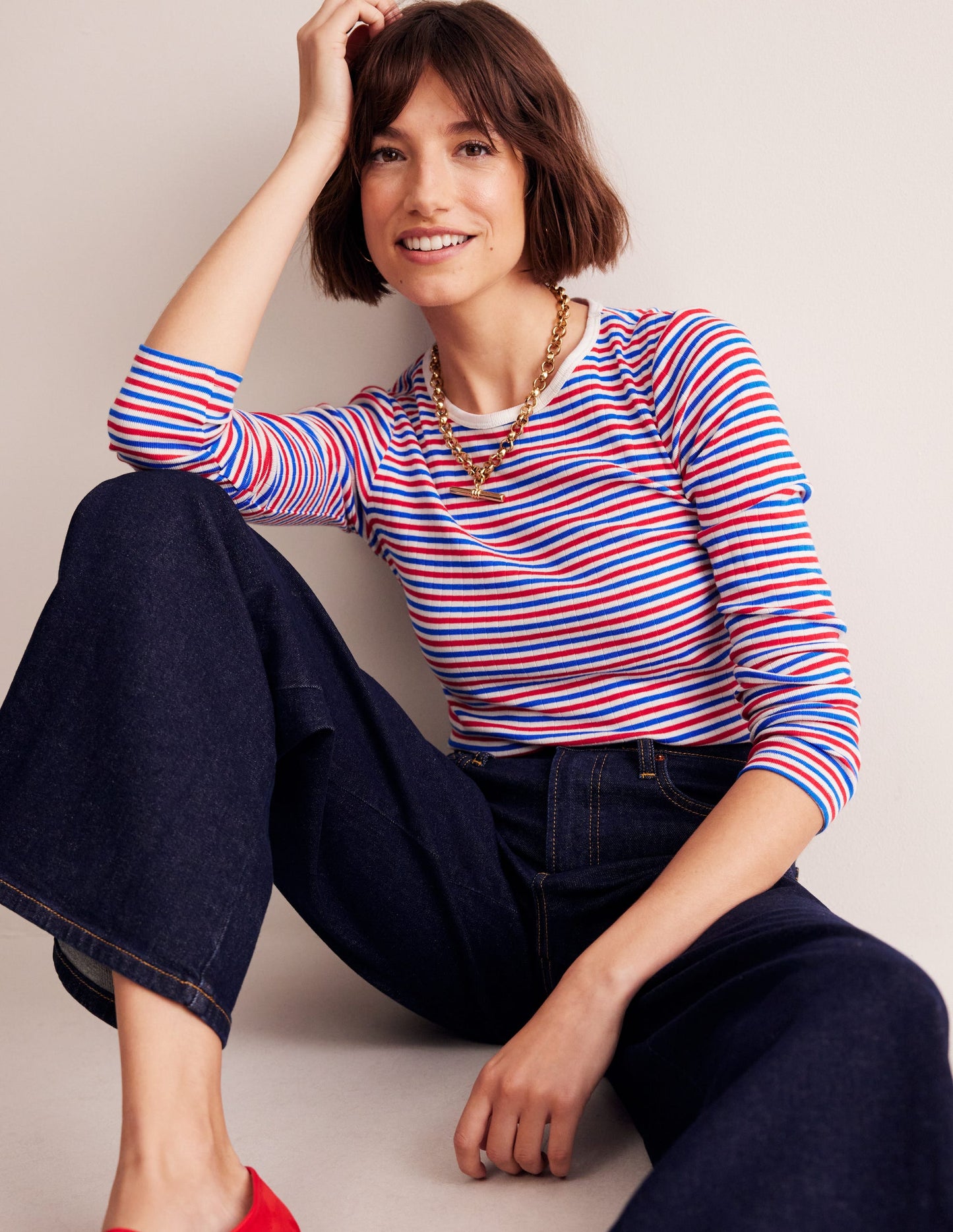 T-shirt côtelé Anna à manches longues-Rouge et bleu directoire