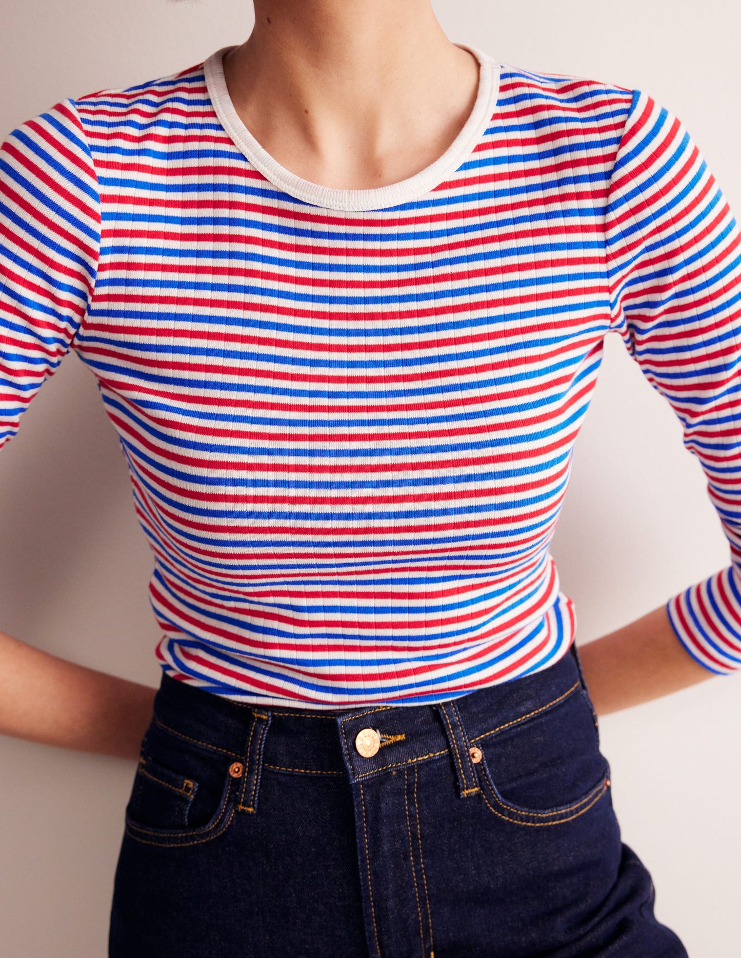 T-shirt côtelé Anna à manches longues-Rouge et bleu directoire