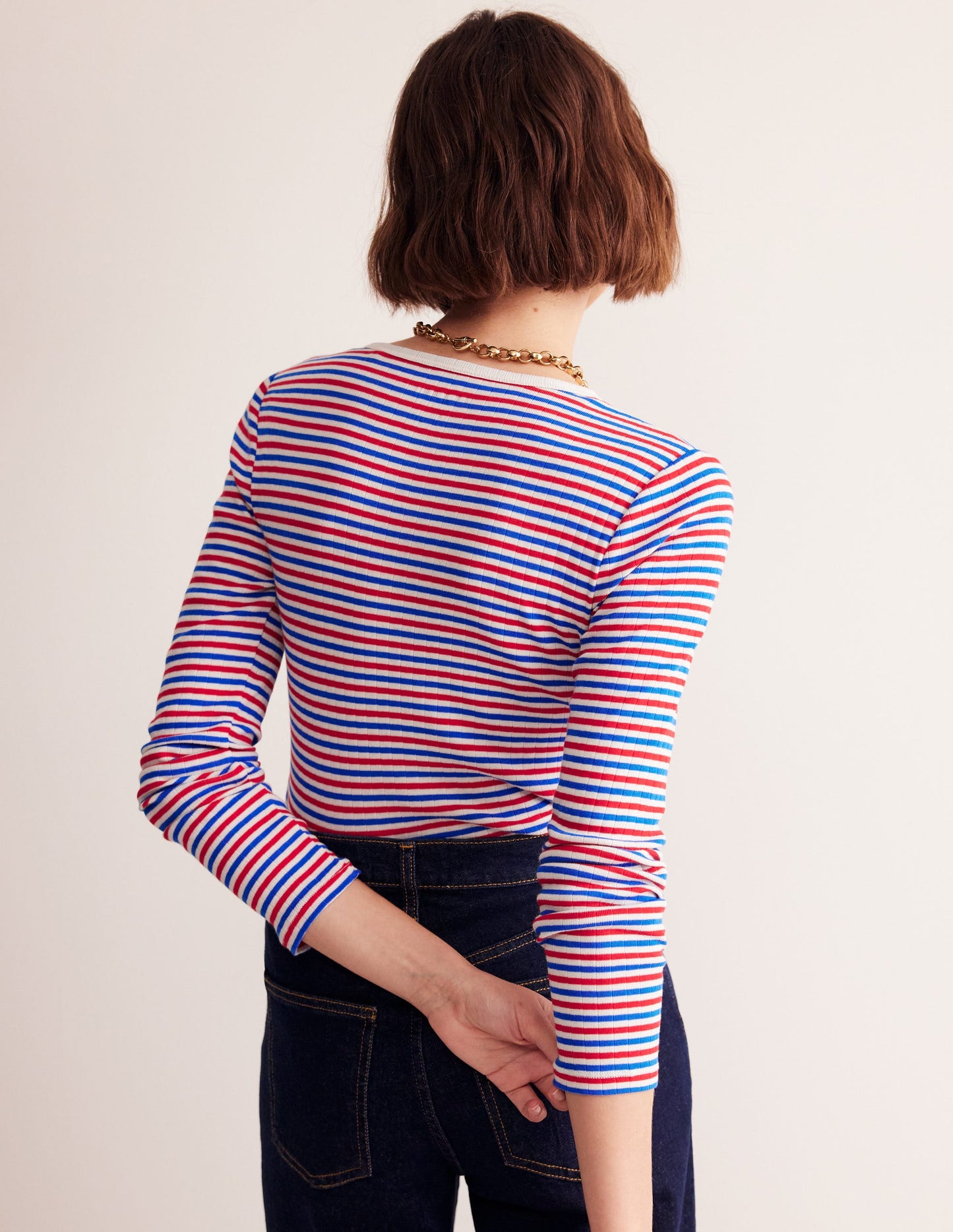 T-shirt côtelé Anna à manches longues-Rouge et bleu directoire