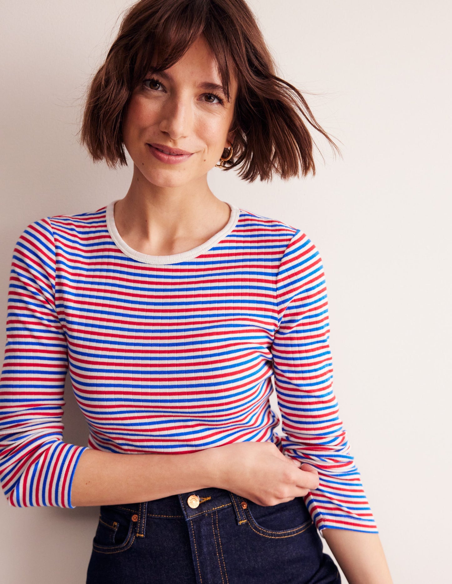 T-shirt côtelé Anna à manches longues-Rouge et bleu directoire