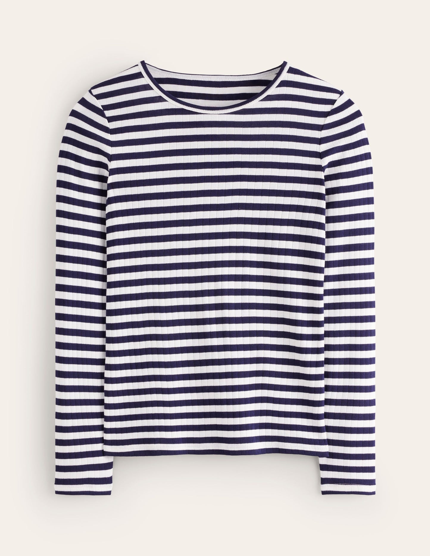 Anna Langarm-T-Shirt aus Rippstrick-Französisches Navy/Naturweiß, Gestreift