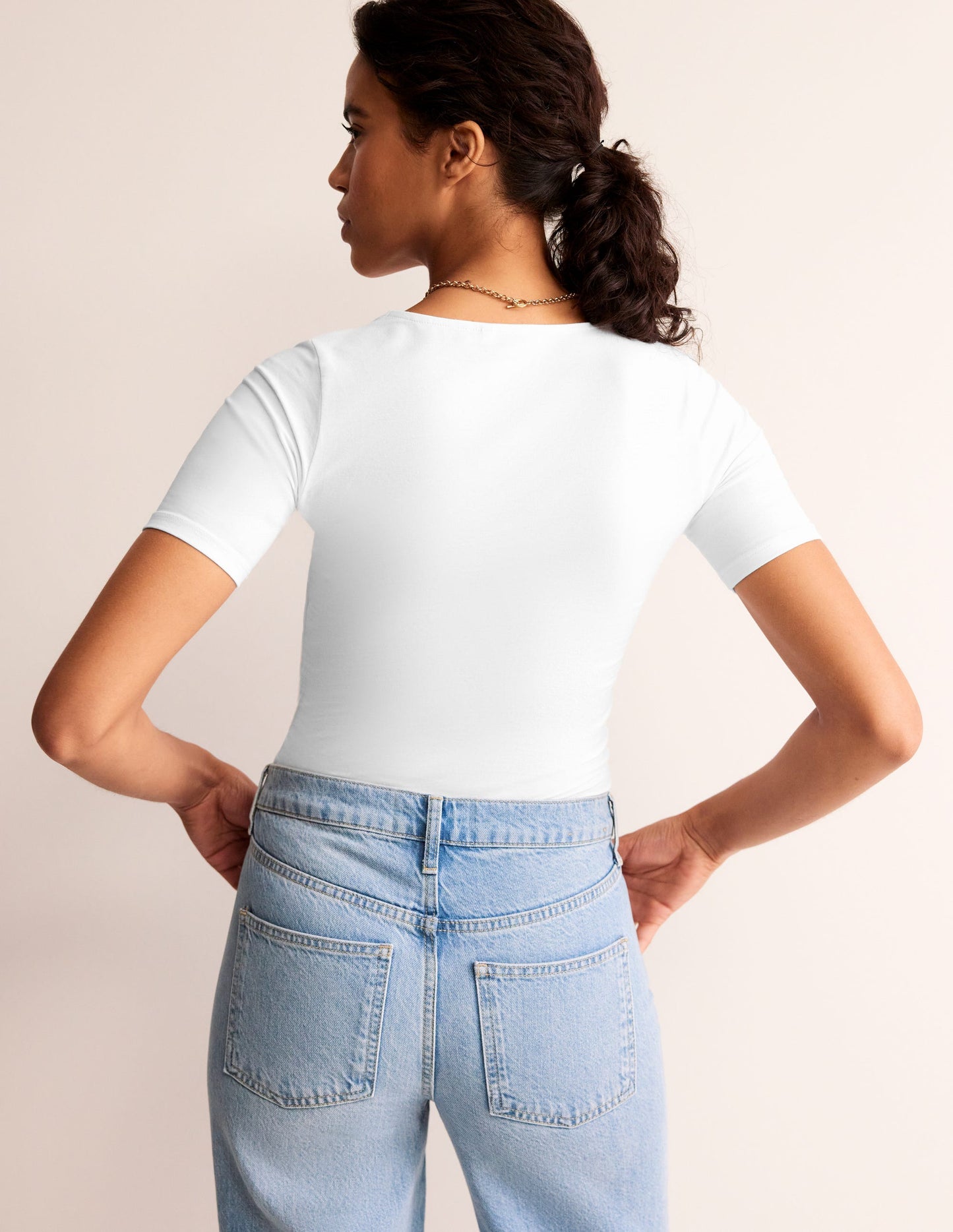 T-shirt double épaisseur à col U-Blanc