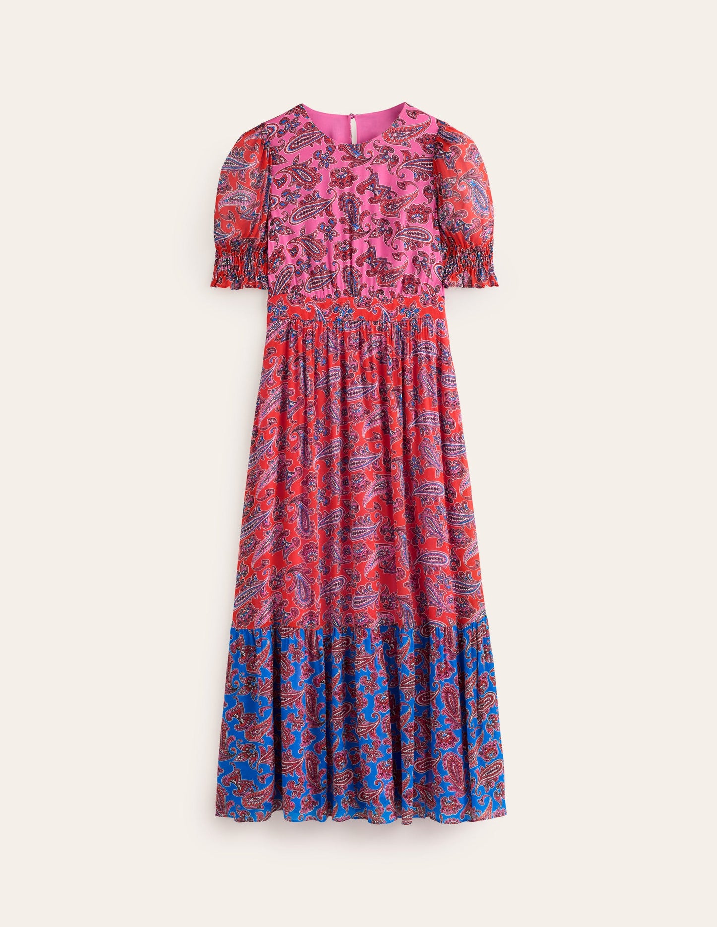 Maxikleid mit gesmokten Ärmelbündchen-Sangria Sunset Pink, Paisley Welle