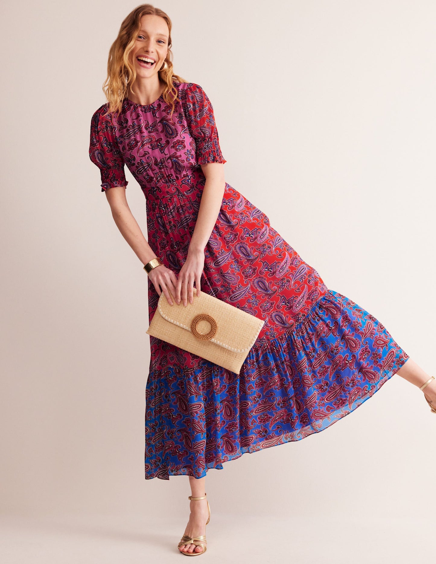 Maxikleid mit gesmokten Ärmelbündchen-Sangria Sunset Pink, Paisley Welle