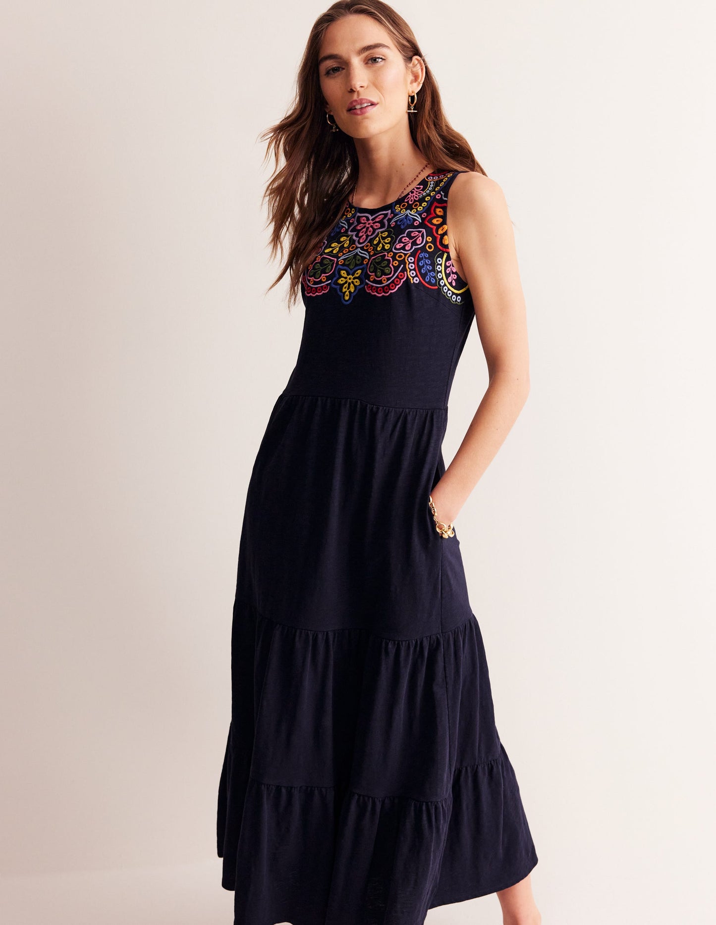 Robe midi brodée en jersey-Bleu Marine, Petits Pois